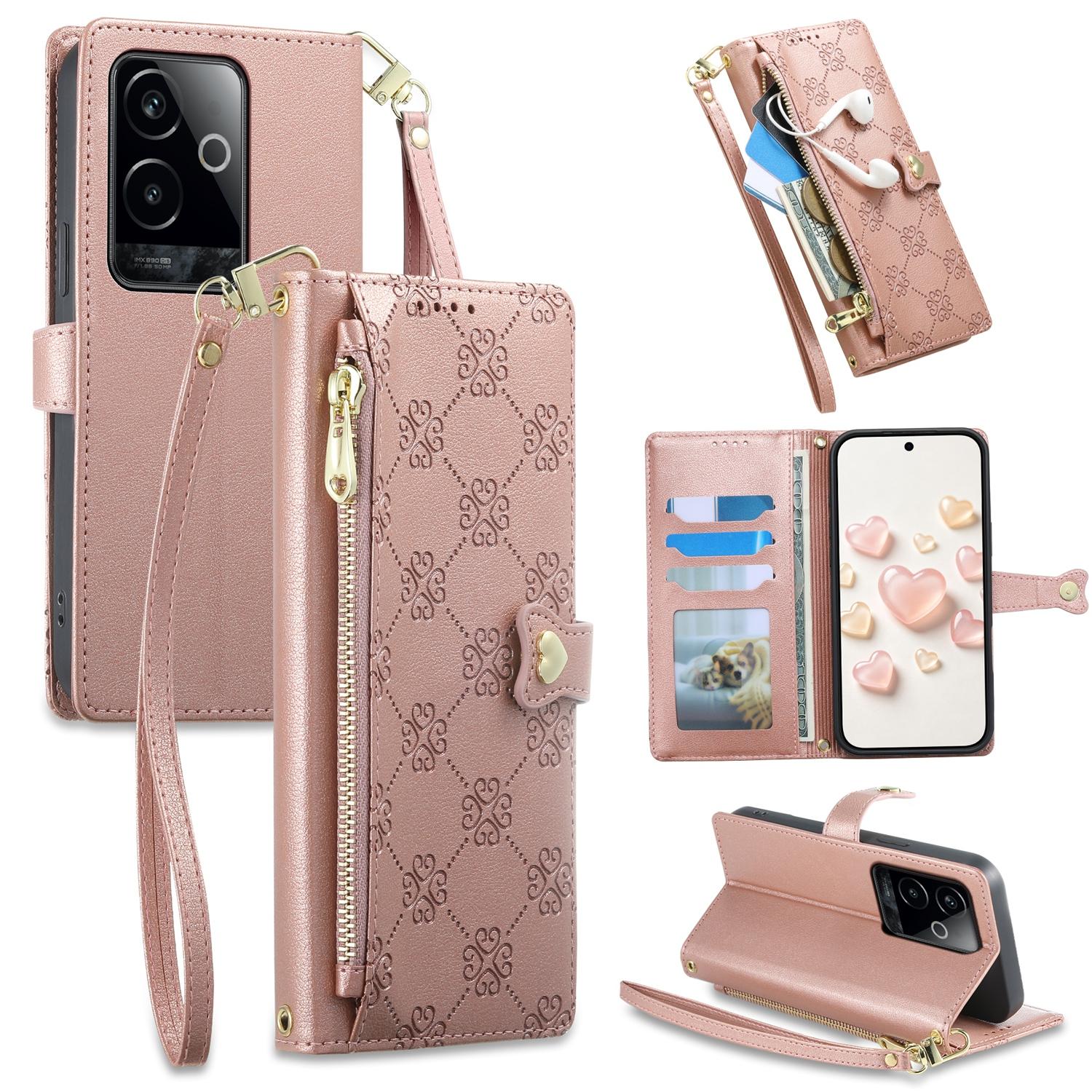 For Realme GT 6 / GT Neo6 / GT Neo6 SE Zipper Wallet Heart Buckle Vegan Leather Phone Case with Wrist Strap(Pink) - Shopkiz.com