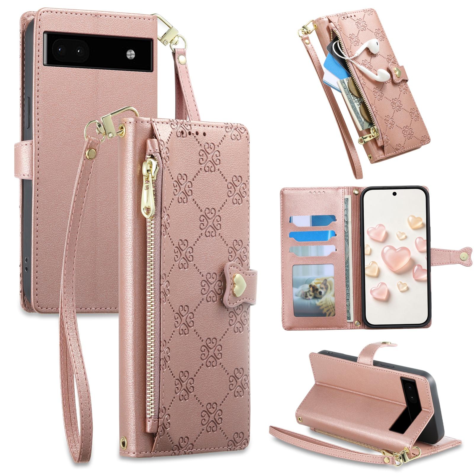 For Google Pixel 6a Zipper Wallet Heart Buckle Vegan Leather Phone Case with Wrist Strap(Pink) - Shopkiz.com