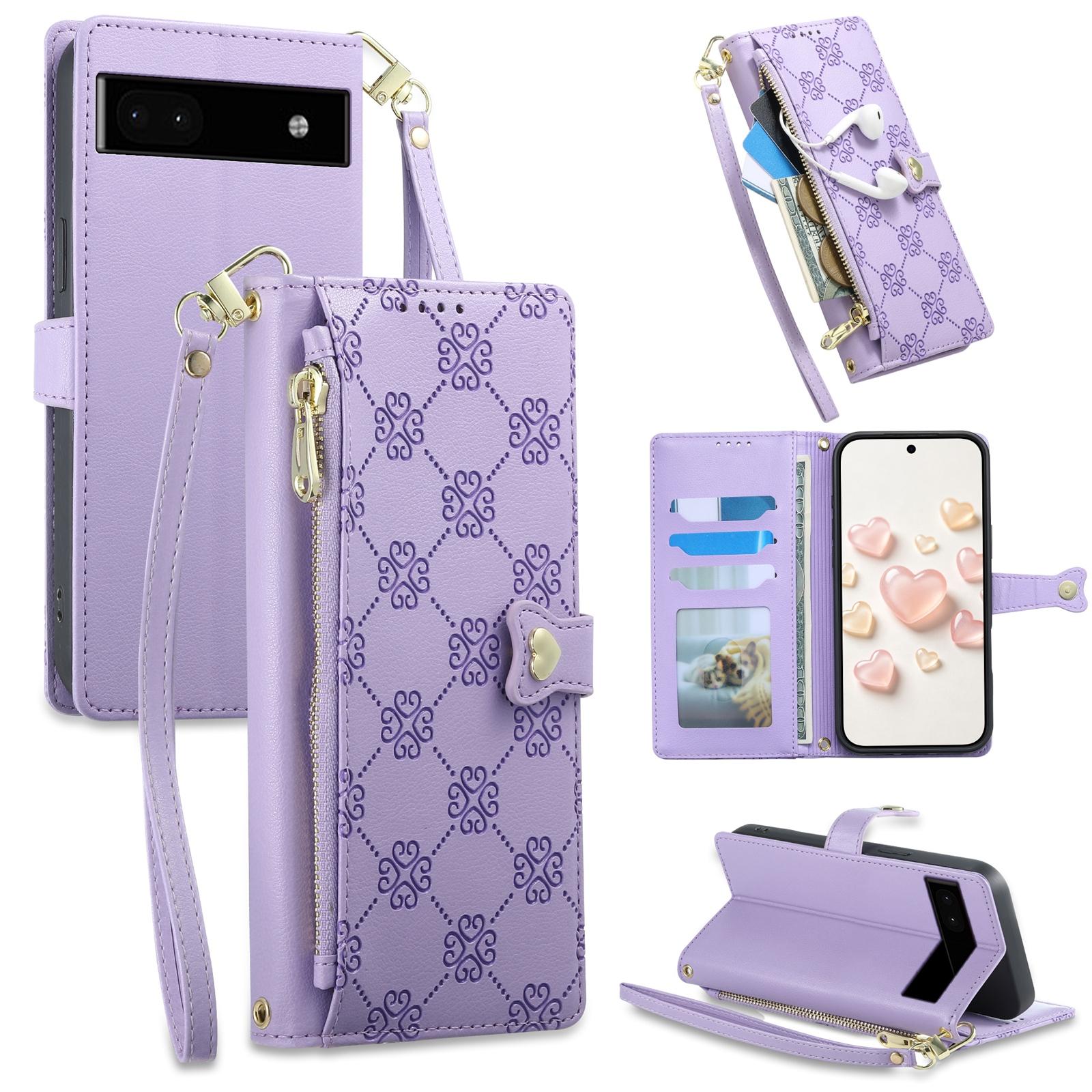 For Google Pixel 6a Zipper Wallet Heart Buckle Vegan Leather Phone Case with Wrist Strap(Purple) - Shopkiz.com