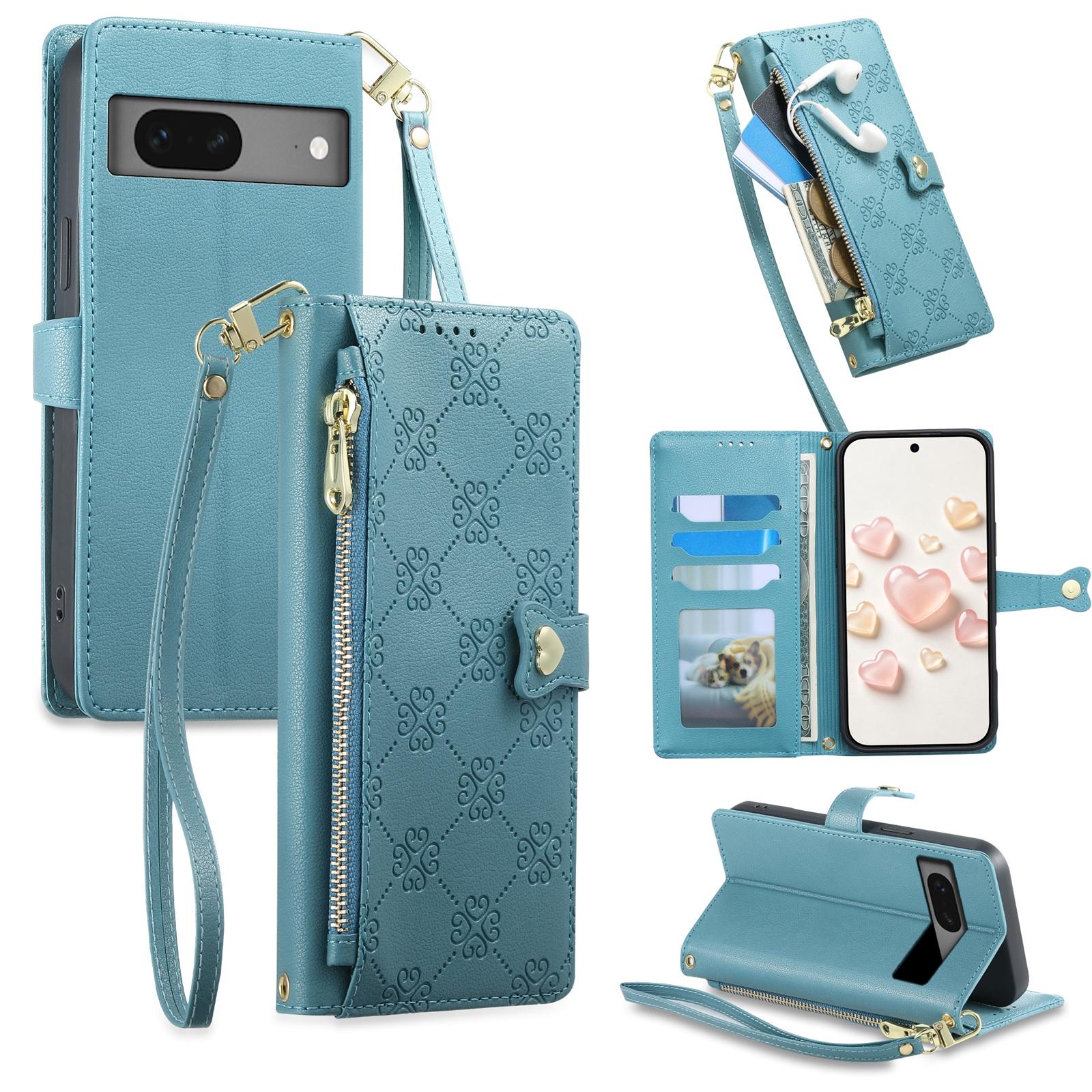 For Google Pixel 7 5G Zipper Wallet Heart Buckle Vegan Leather Phone Case with Wrist Strap(Lake Blue) - Shopkiz.com