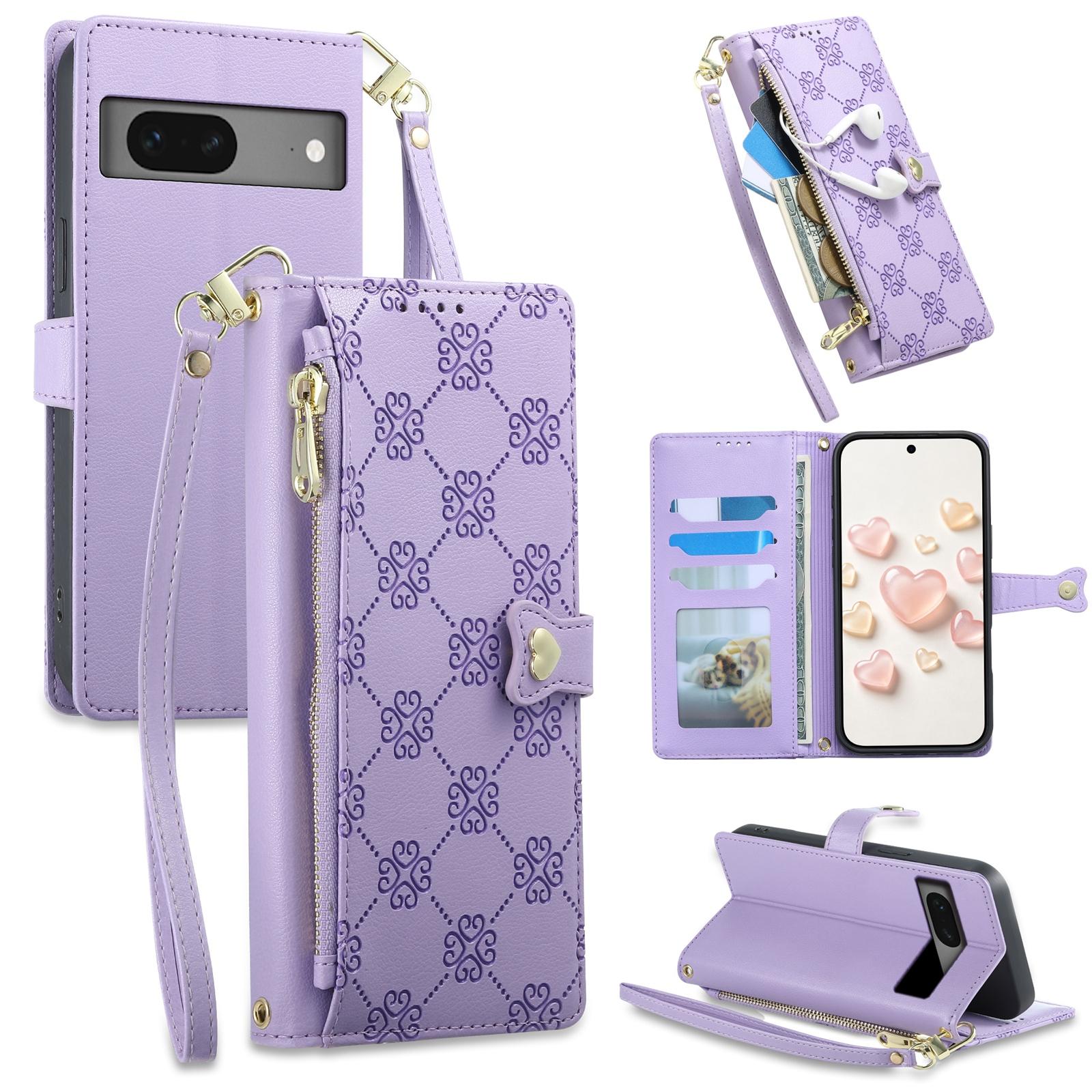 For Google Pixel 7 5G Zipper Wallet Heart Buckle Vegan Leather Phone Case with Wrist Strap(Purple) - Shopkiz.com