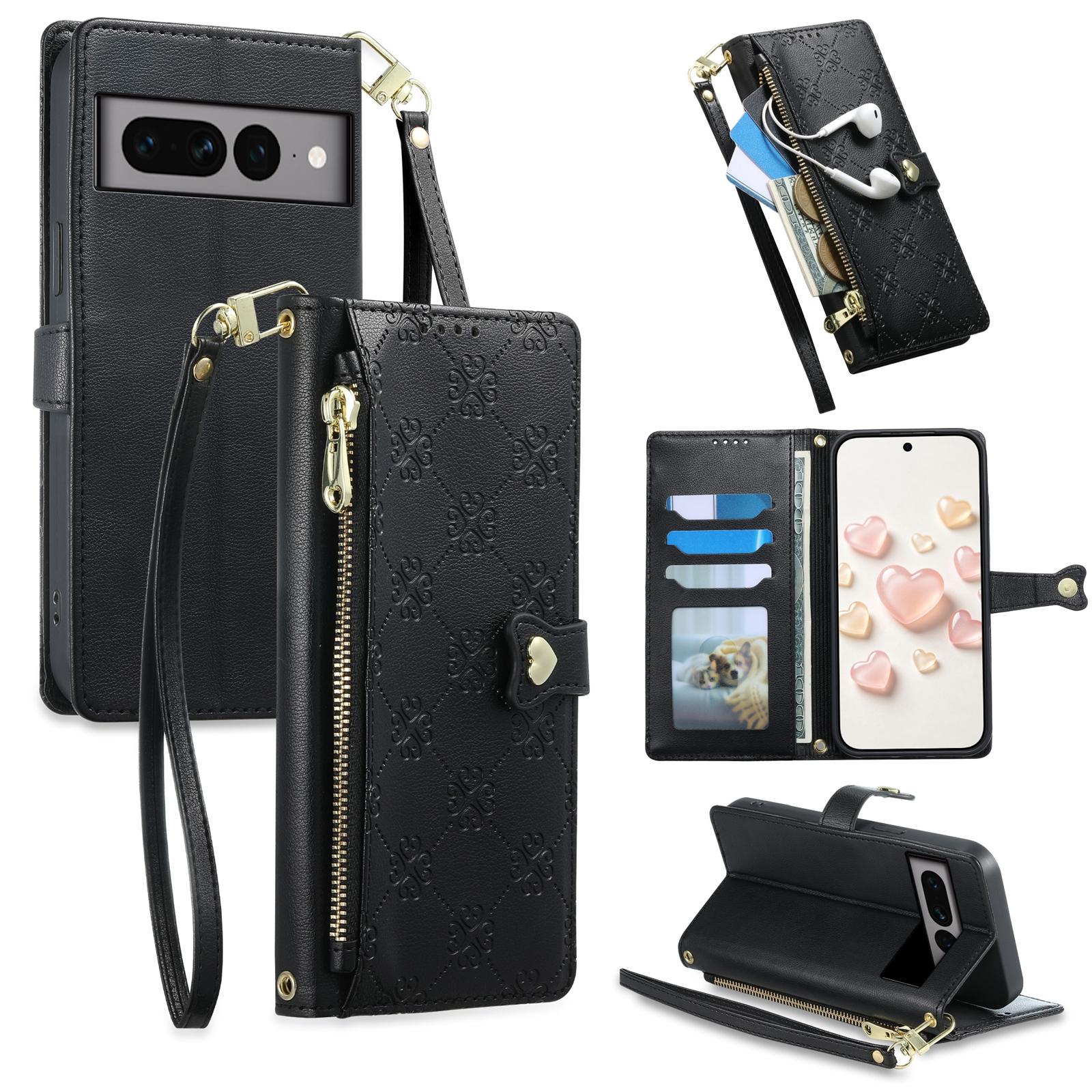 For Google Pixel 7 Pro 5G Zipper Wallet Heart Buckle Vegan Leather Phone Case with Wrist Strap(Black) - Shopkiz.com