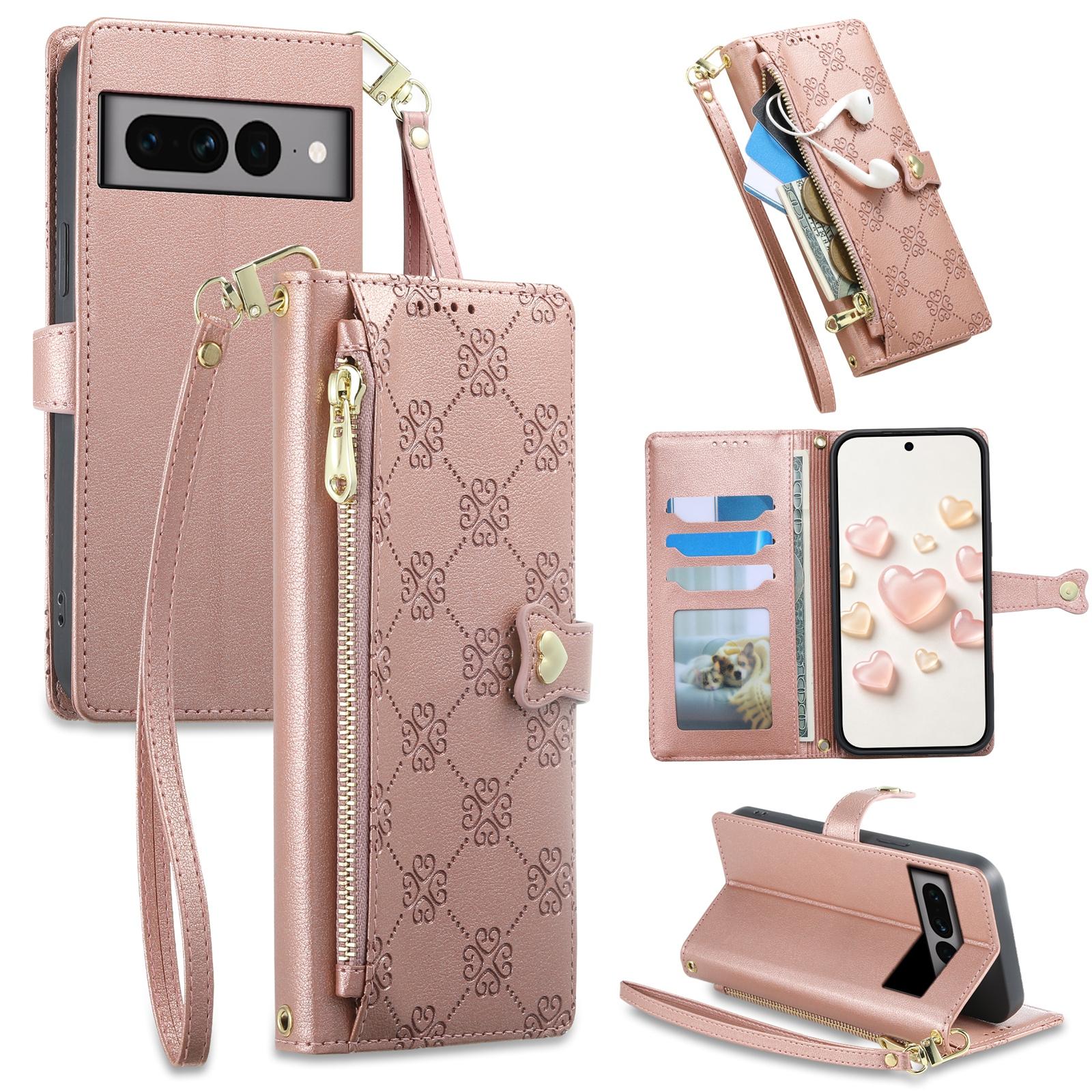 For Google Pixel 7 Pro 5G Zipper Wallet Heart Buckle Vegan Leather Phone Case with Wrist Strap(Pink) - Shopkiz.com