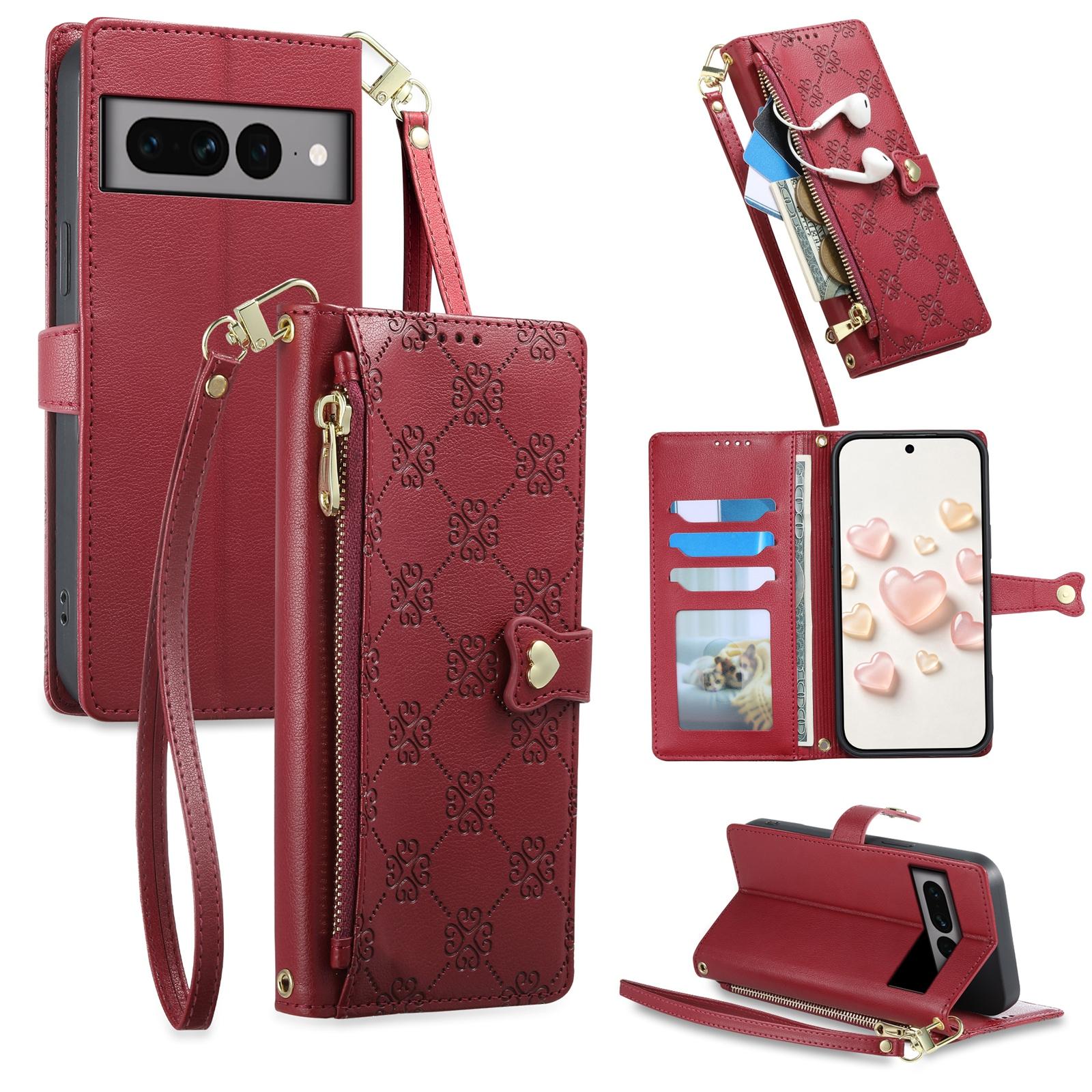For Google Pixel 7 Pro 5G Zipper Wallet Heart Buckle Vegan Leather Phone Case with Wrist Strap(Red) - Shopkiz.com