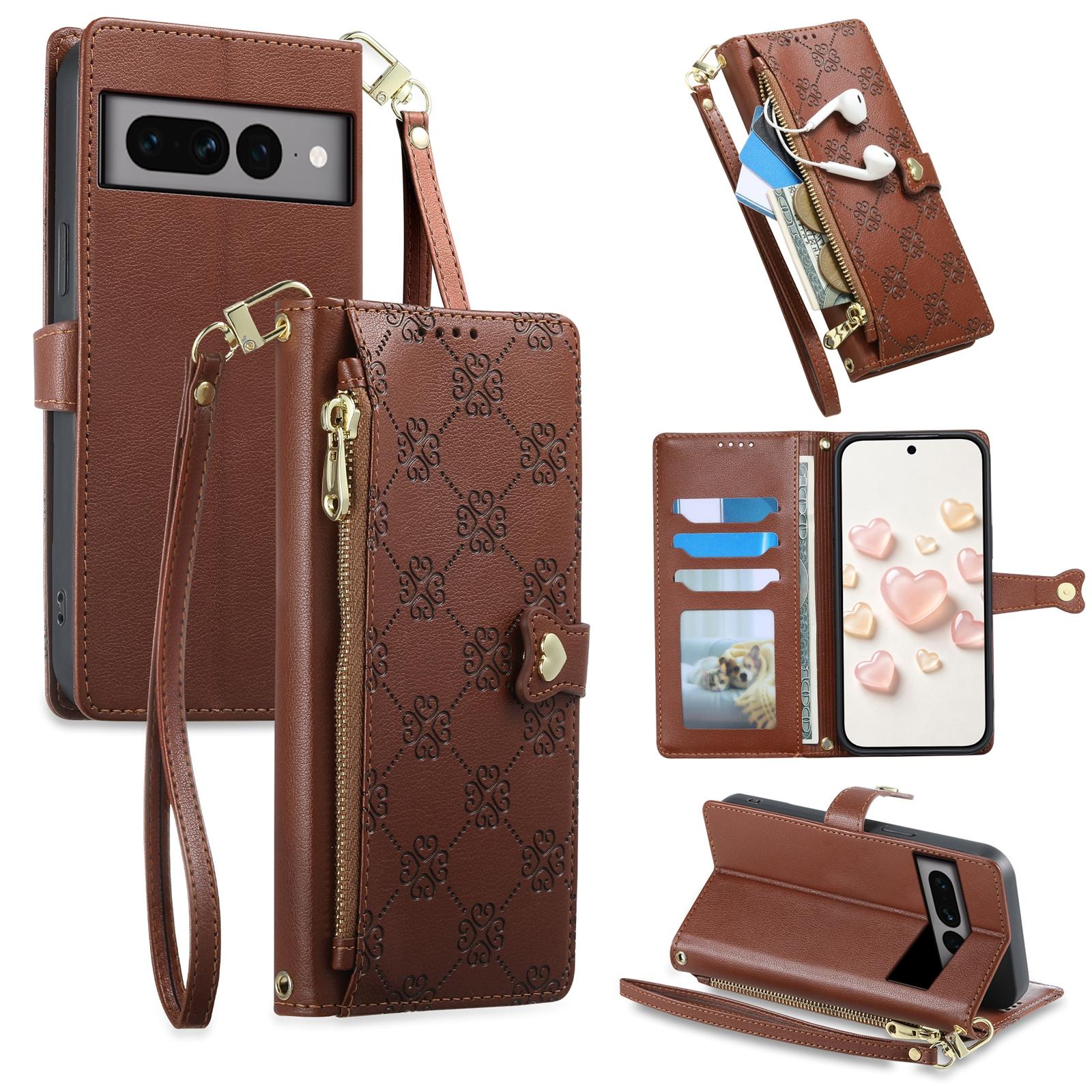 For Google Pixel 7 Pro 5G Zipper Wallet Heart Buckle Vegan Leather Phone Case with Wrist Strap(Brown) - Shopkiz.com