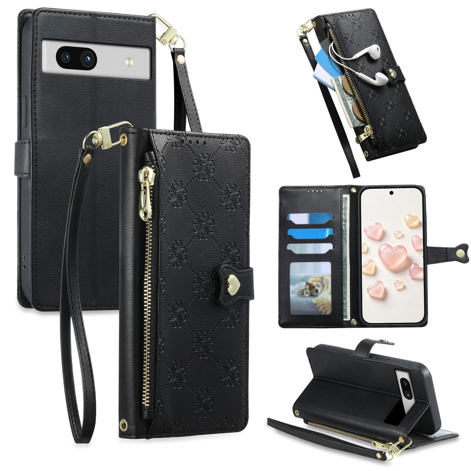 For Google Pixel 7a Zipper Wallet Heart Buckle Vegan Leather Phone Case with Wrist Strap(Black) - Shopkiz.com