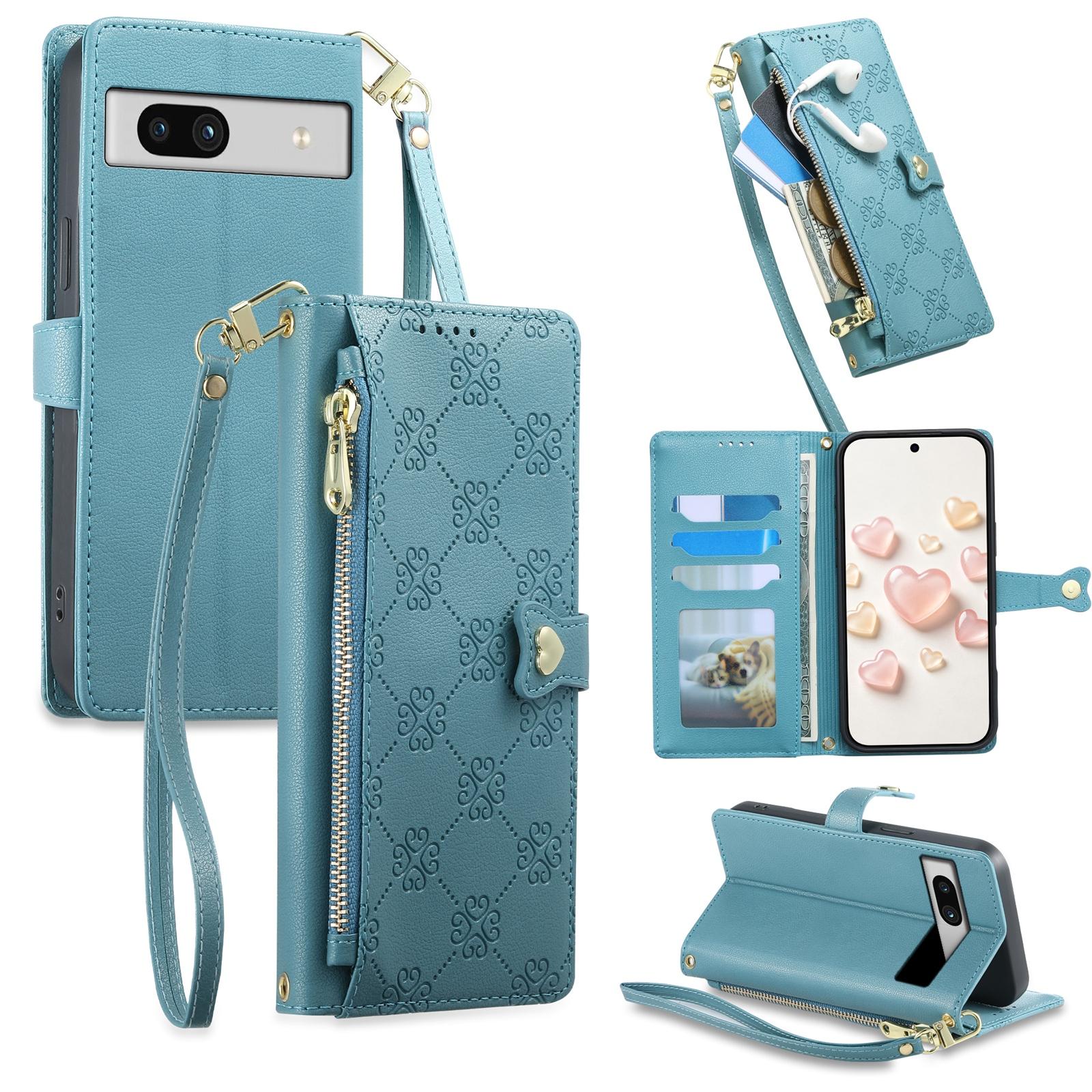 For Google Pixel 7a Zipper Wallet Heart Buckle Vegan Leather Phone Case with Wrist Strap(Lake Blue) - Shopkiz.com