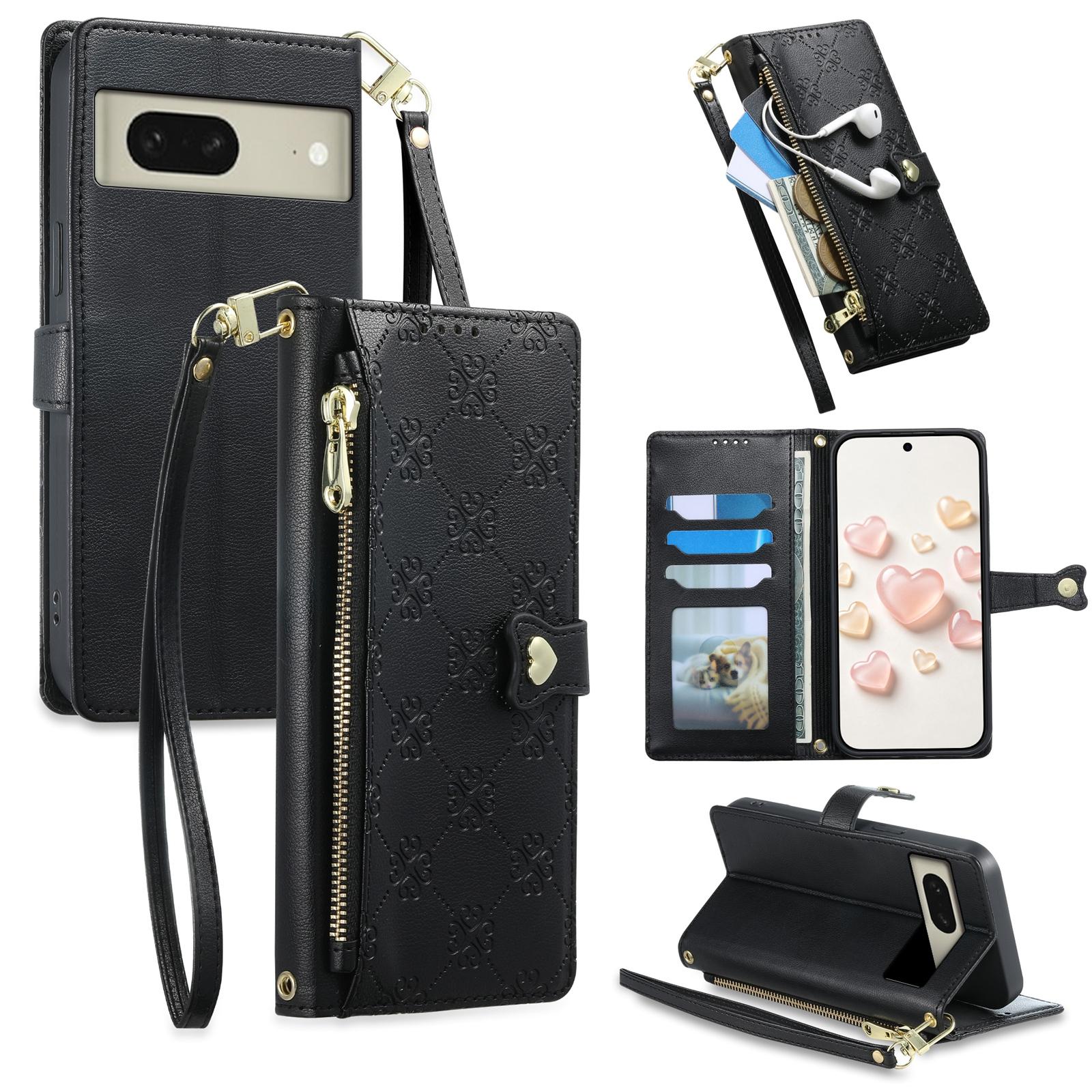 For Google Pixel 8 Zipper Wallet Heart Buckle Vegan Leather Phone Case with Wrist Strap(Black) - Shopkiz.com