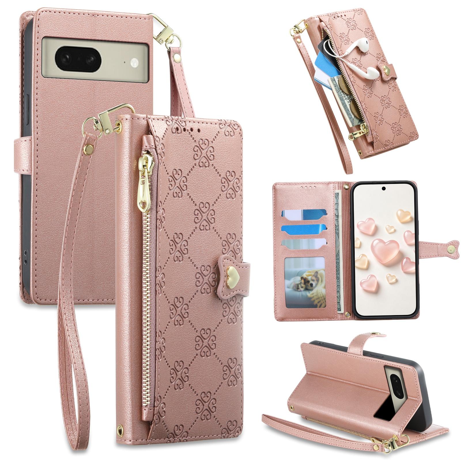 For Google Pixel 8 Zipper Wallet Heart Buckle Vegan Leather Phone Case with Wrist Strap(Pink) - Shopkiz.com