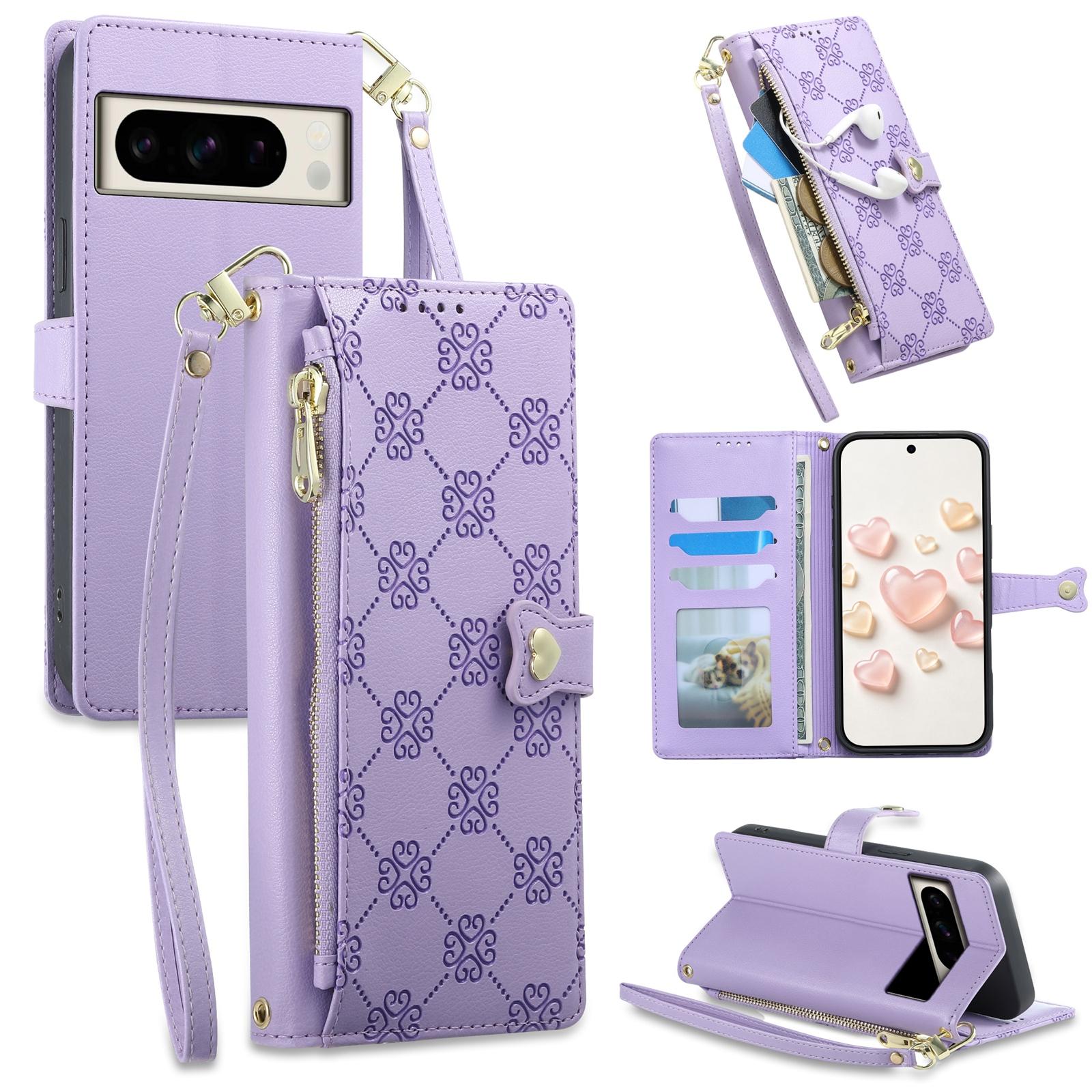 For Google Pixel 8 Pro Zipper Wallet Heart Buckle Vegan Leather Phone Case with Wrist Strap(Purple) - Shopkiz.com