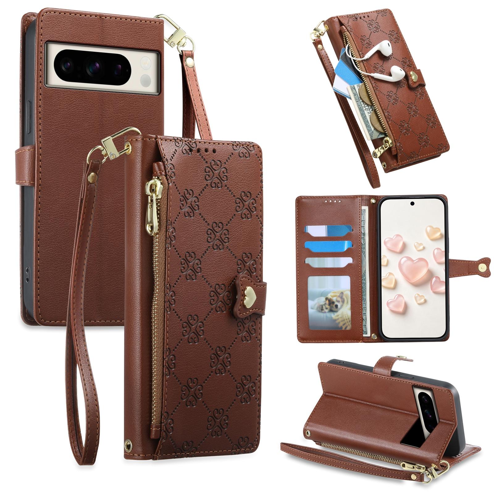 For Google Pixel 8 Pro Zipper Wallet Heart Buckle Vegan Leather Phone Case with Wrist Strap(Brown) - Shopkiz.com