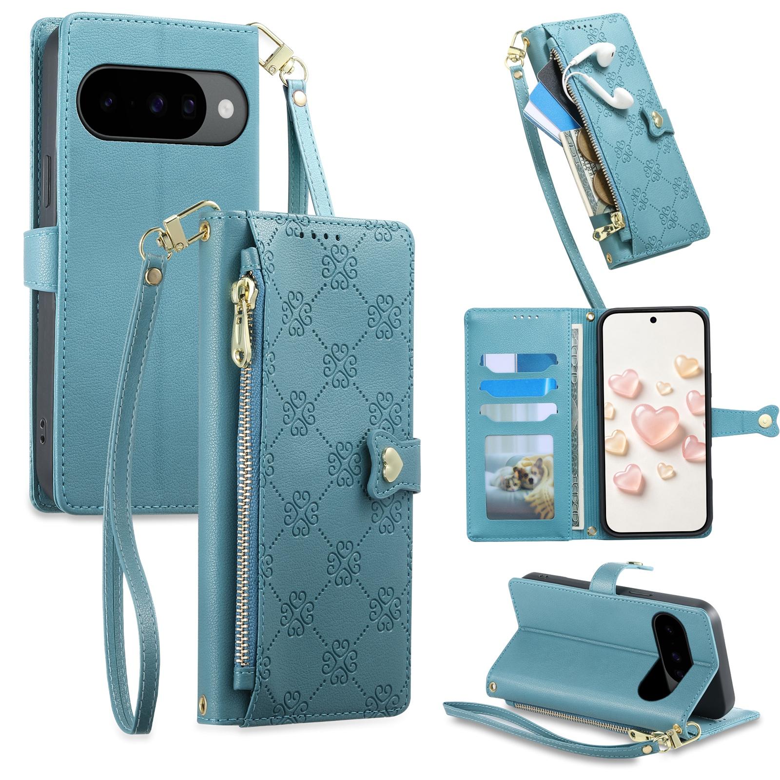 For Google Pixel 11 Pro / 11 / 10 Pro Zipper Wallet Heart Buckle Vegan Leather Phone Case with Wrist Strap(Lake Blue) - Shopkiz.com