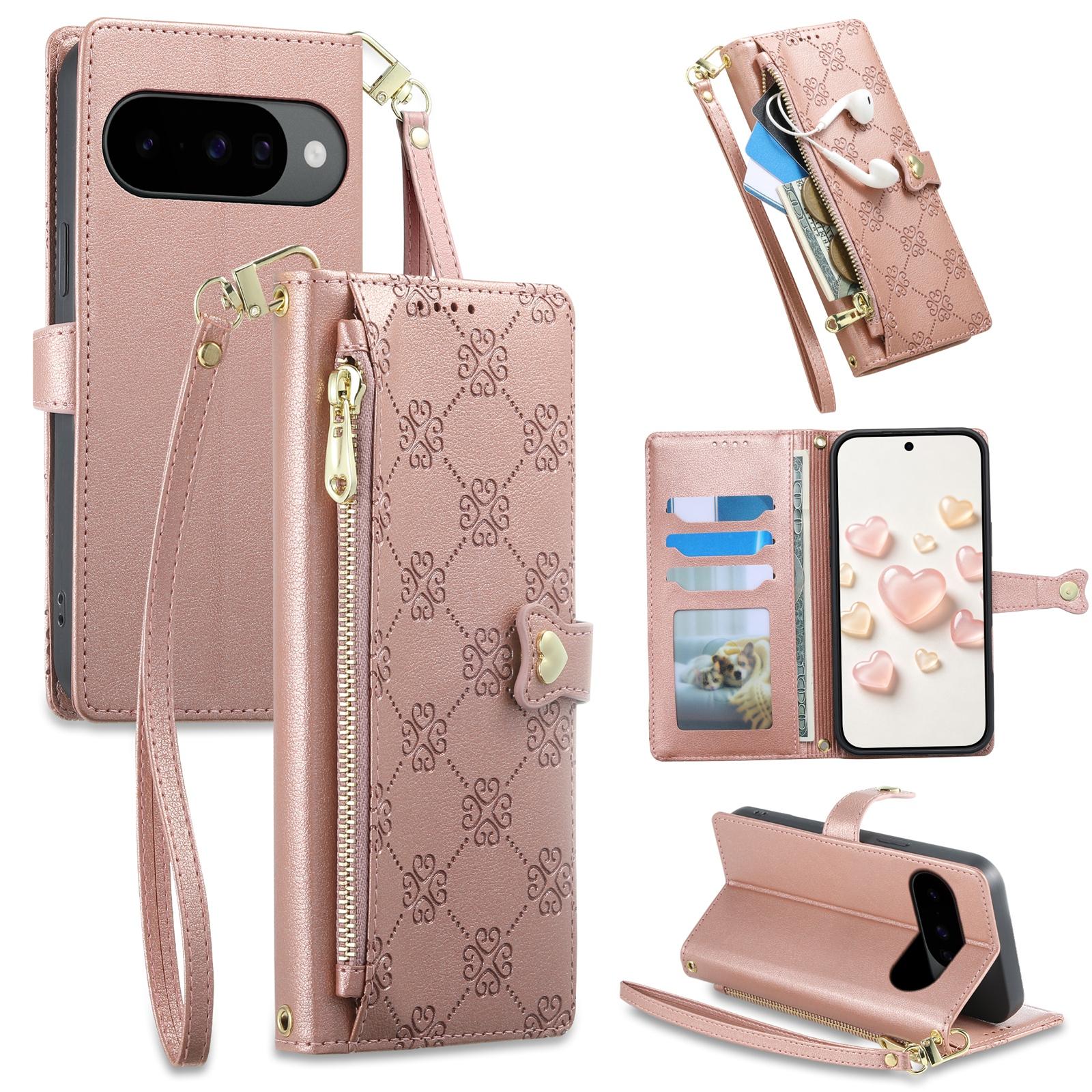 For Google Pixel 11 Pro / 11 / 10 Pro Zipper Wallet Heart Buckle Vegan Leather Phone Case with Wrist Strap(Pink) - Shopkiz.com