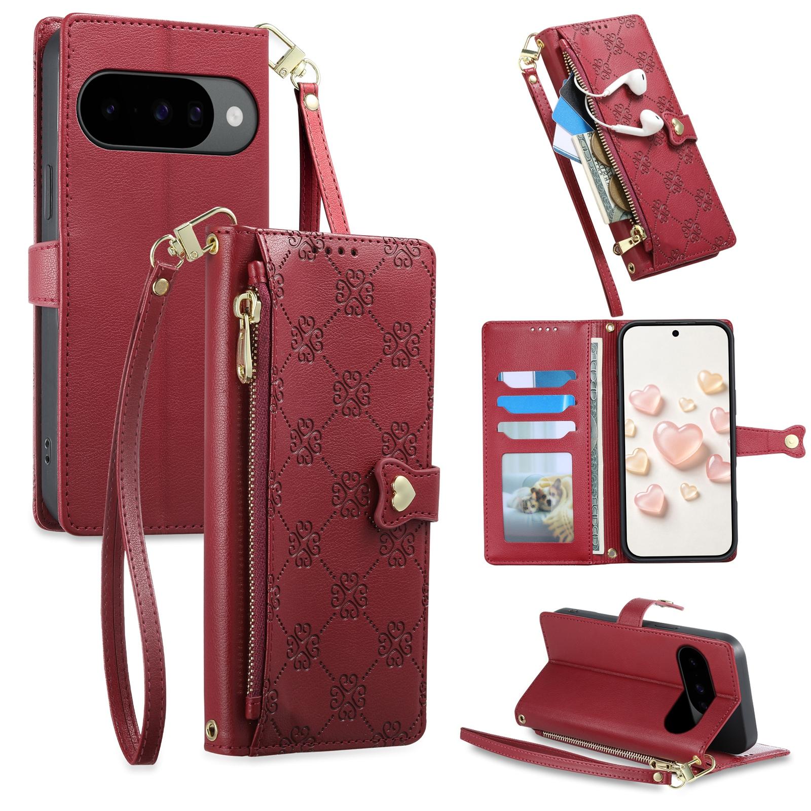 For Google Pixel 11 Pro / 11 / 10 Pro Zipper Wallet Heart Buckle Vegan Leather Phone Case with Wrist Strap(Red) - Shopkiz.com