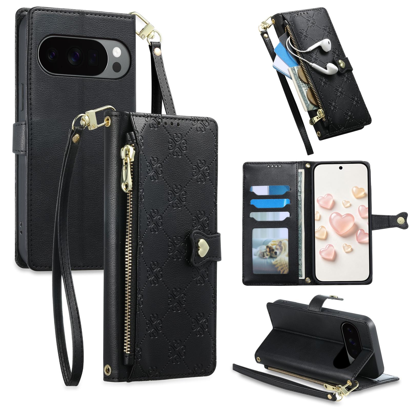 For Google Pixel 11 Pro XL / 10 Pro XL Zipper Wallet Heart Buckle Vegan Leather Phone Case with Wrist Strap(Black) - Shopkiz.com
