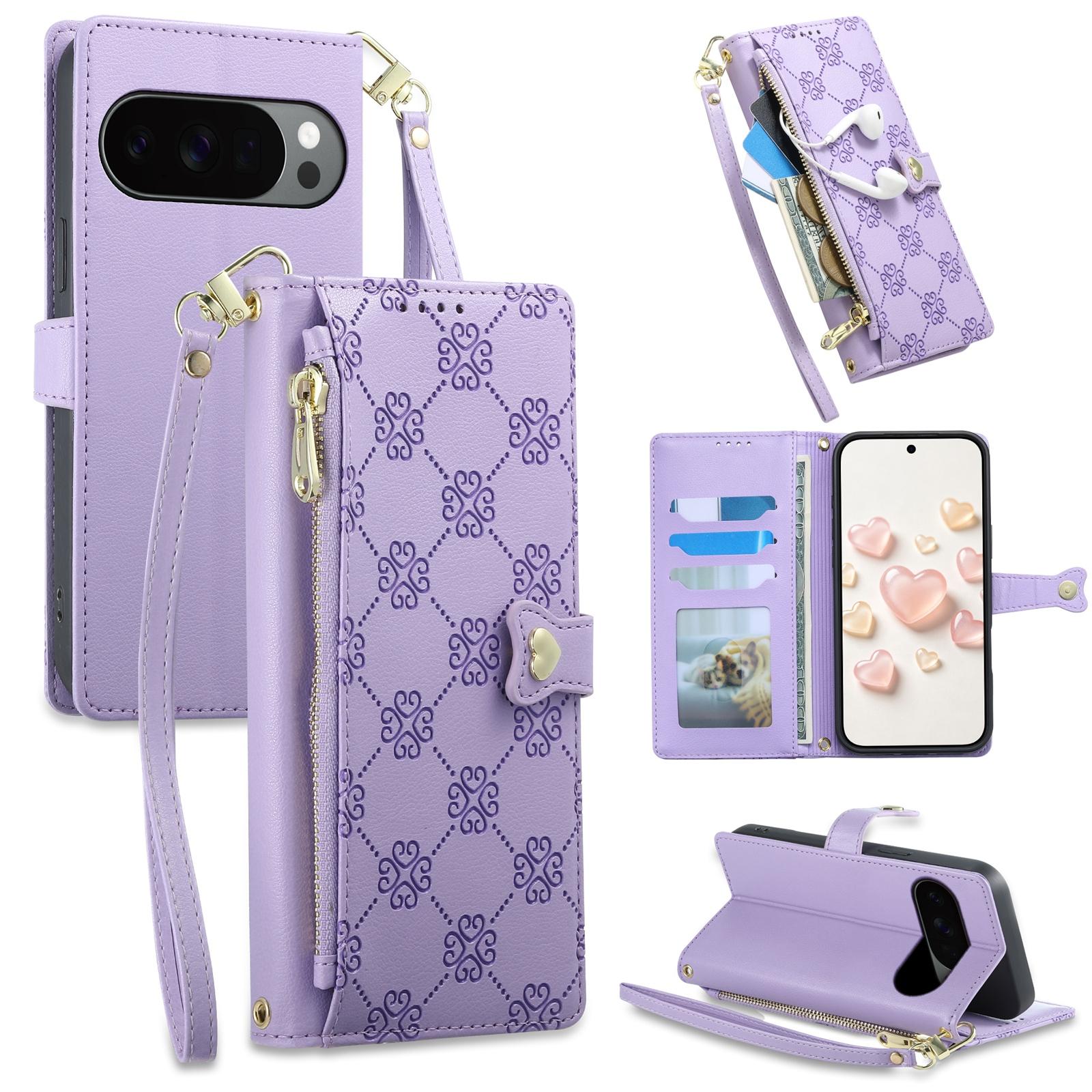 For Google Pixel 11 Pro XL / 10 Pro XL Zipper Wallet Heart Buckle Vegan Leather Phone Case with Wrist Strap(Purple) - Shopkiz.com