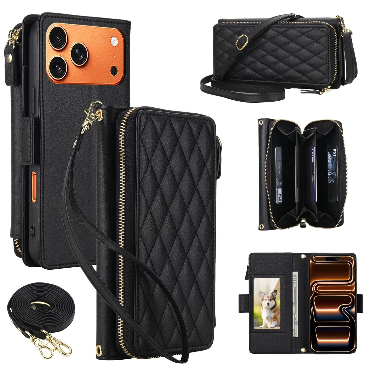 For iPhone 17 Pro Litchi Texture Rhombic Zipper Wallet Vegan Leather Phone Case with Strap(Black) - Shopkiz.com