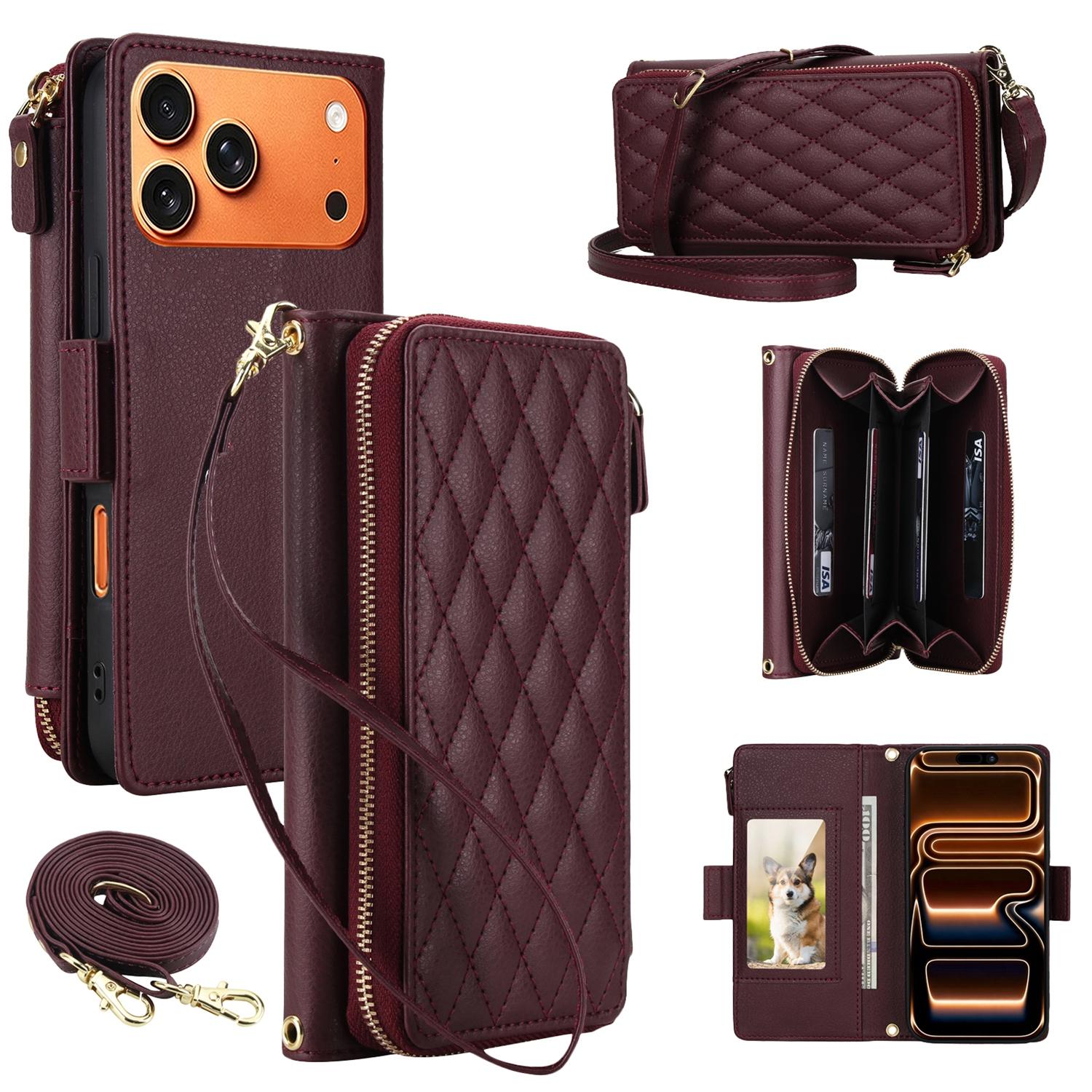 For iPhone 17 Pro Litchi Texture Rhombic Zipper Wallet Vegan Leather Phone Case with Strap(Wine Red) - Shopkiz.com