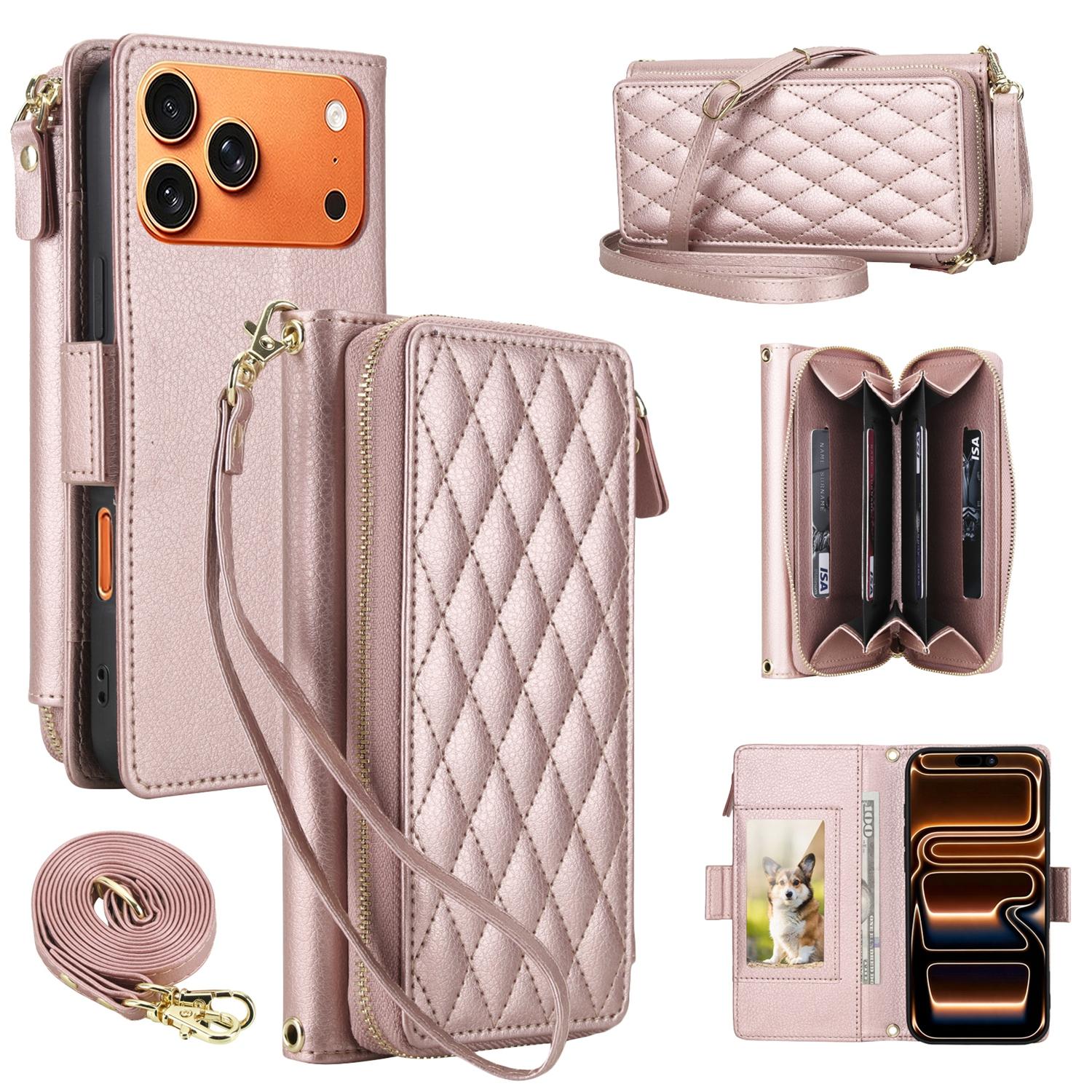 For iPhone 17 Pro Litchi Texture Rhombic Zipper Wallet Vegan Leather Phone Case with Strap(Rose Gold) - Shopkiz.com