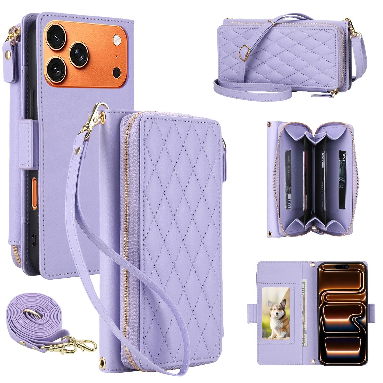 For iPhone 17 Pro Litchi Texture Rhombic Zipper Wallet Vegan Leather Phone Case with Strap(Light Purple) - Shopkiz.com
