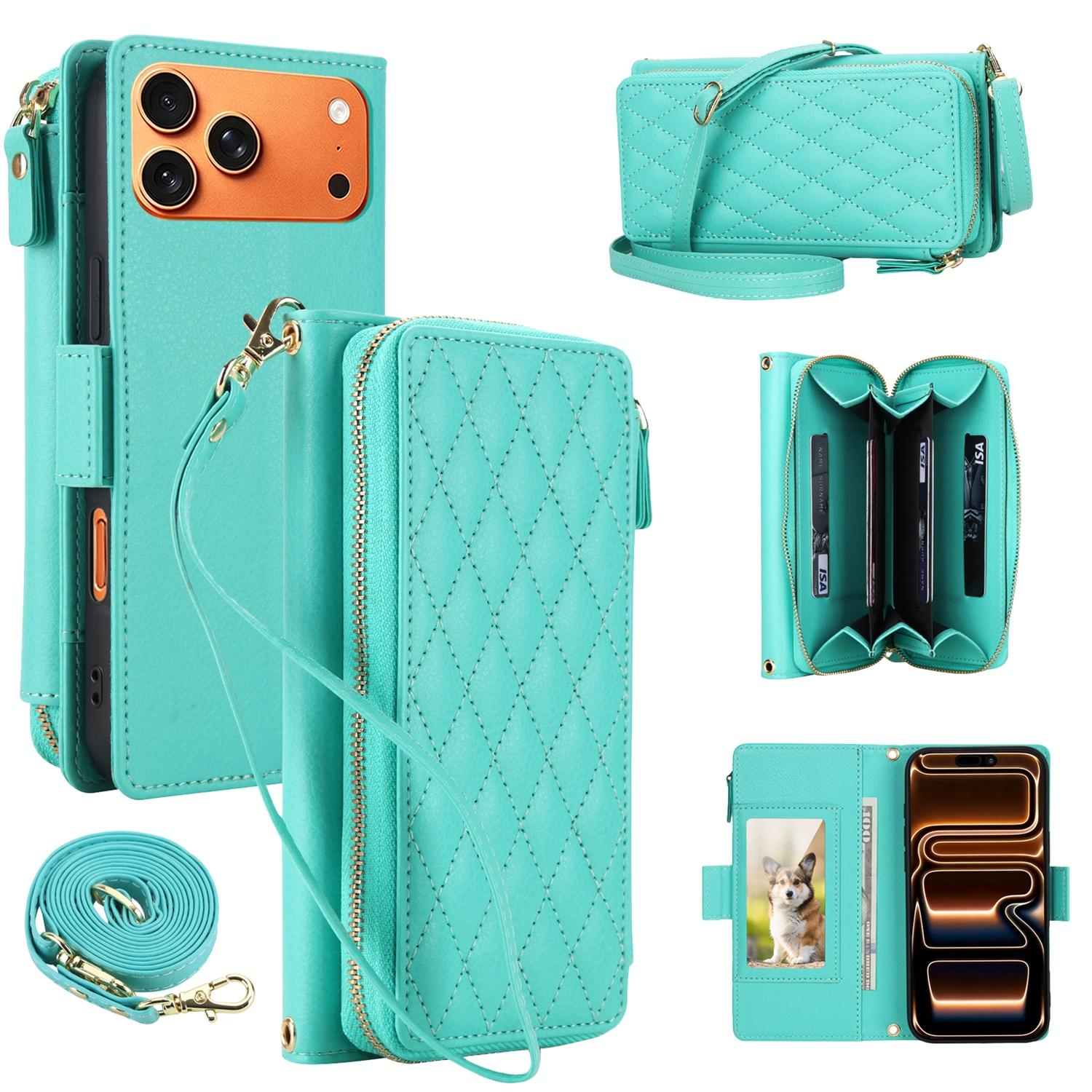 For iPhone 17 Pro Litchi Texture Rhombic Zipper Wallet Vegan Leather Phone Case with Strap(Green) - Shopkiz.com