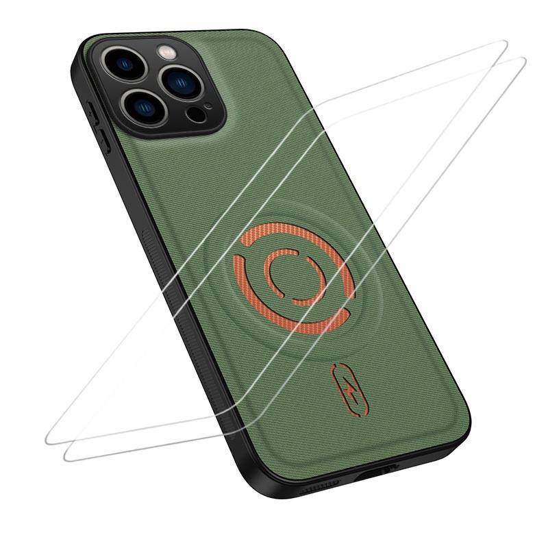 For iPhone 16 Pro Max WANLONFENG Tech Fabric Texture Magnetic Phone Case with 2pcs Screen Films(Green) - Shopkiz.com