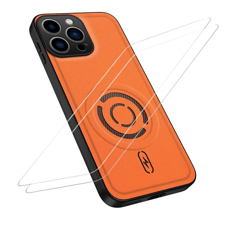 For iPhone 16 Pro WANLONFENG Tech Fabric Texture Magnetic Phone Case with 2pcs Screen Films(Orange) - Shopkiz.com