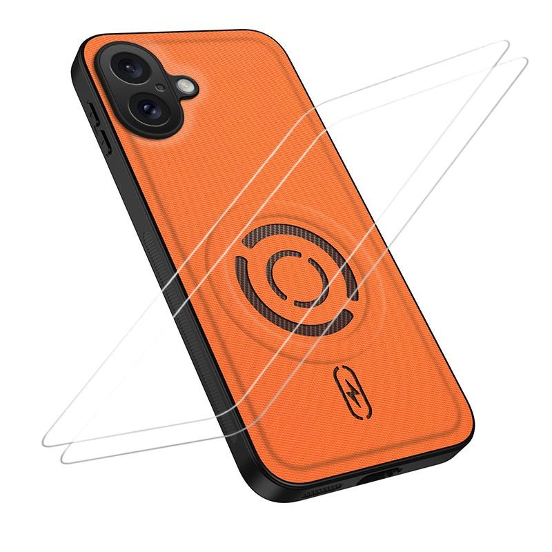 For iPhone 16 WANLONFENG Tech Fabric Texture Magnetic Phone Case with 2pcs Screen Films(Orange) - Shopkiz.com