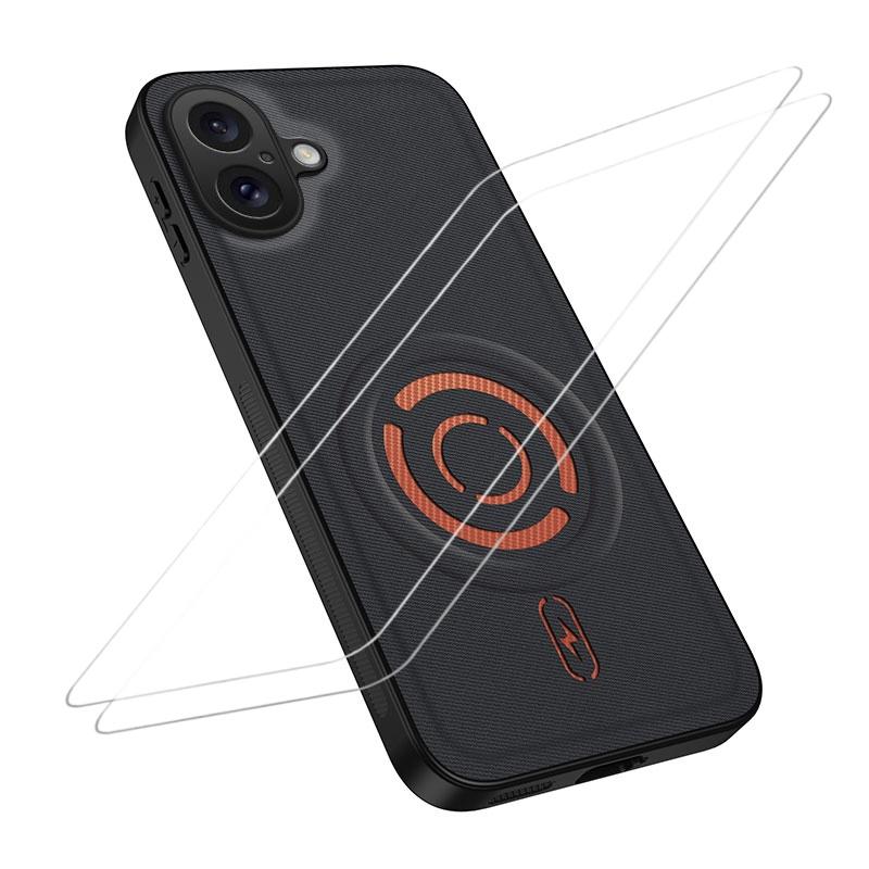 For iPhone 16 WANLONFENG Tech Fabric Texture Magnetic Phone Case with 2pcs Screen Films(Black)