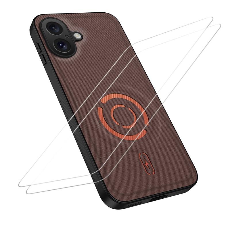 For iPhone 16 WANLONFENG Tech Fabric Texture Magnetic Phone Case with 2pcs Screen Films(Coffee) - Shopkiz.com