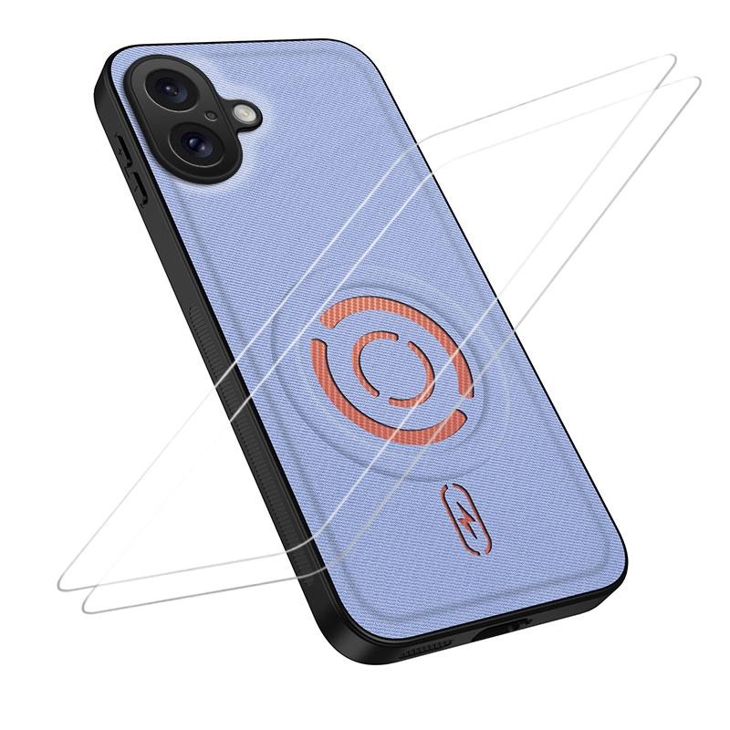 For iPhone 16 WANLONFENG Tech Fabric Texture Magnetic Phone Case with 2pcs Screen Films(Blue)