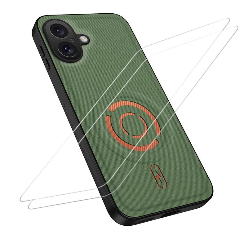 For iPhone 16 WANLONFENG Tech Fabric Texture Magnetic Phone Case with 2pcs Screen Films(Green)