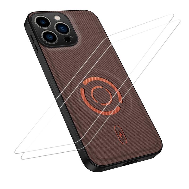 For iPhone 15 Pro Max WANLONFENG Tech Fabric Texture Magnetic Phone Case with 2pcs Screen Films(Coffee) - Shopkiz.com