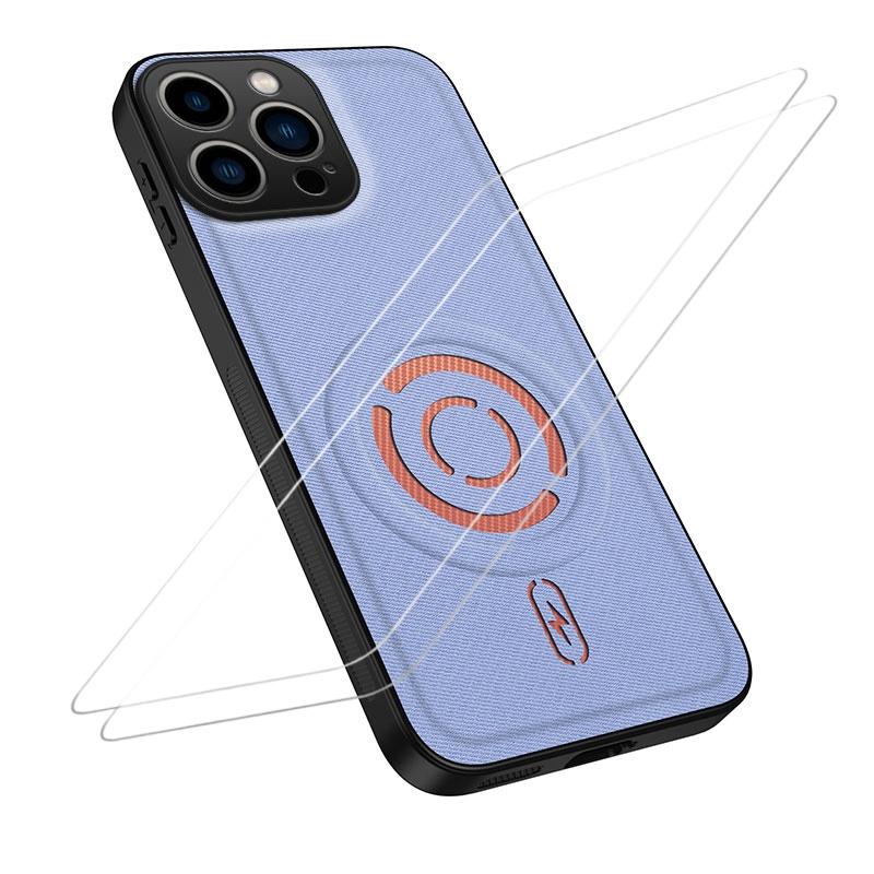 For iPhone 15 Pro Max WANLONFENG Tech Fabric Texture Magnetic Phone Case with 2pcs Screen Films(Blue) - Shopkiz.com