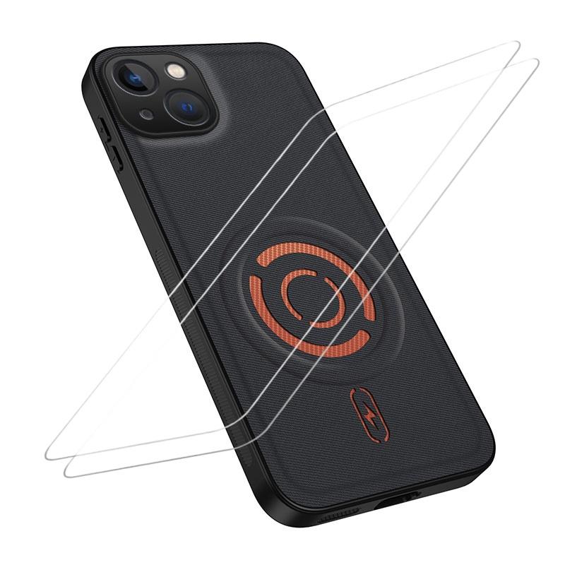 For iPhone 15 WANLONFENG Tech Fabric Texture Magnetic Phone Case with 2pcs Screen Films(Black) - Shopkiz.com