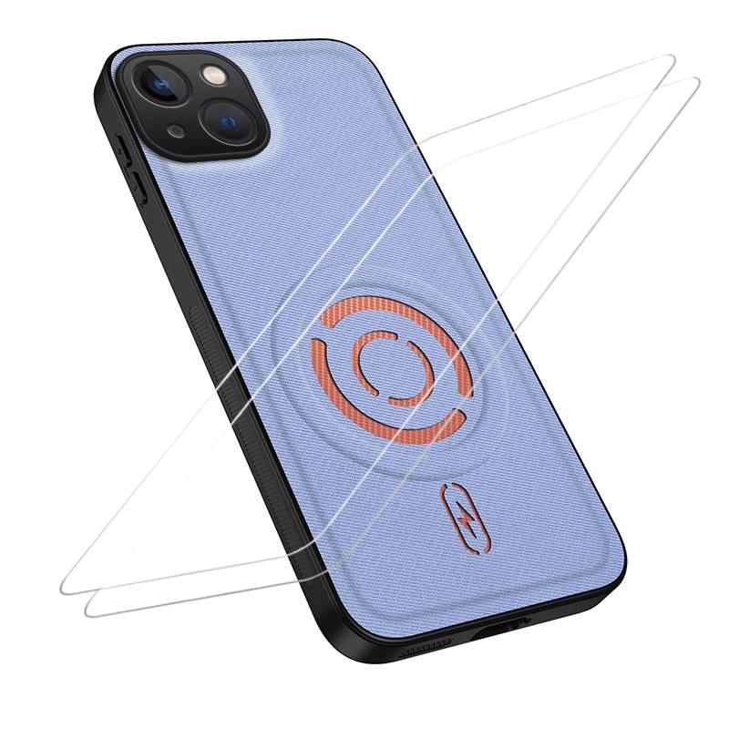 For iPhone 15 WANLONFENG Tech Fabric Texture Magnetic Phone Case with 2pcs Screen Films(Blue)