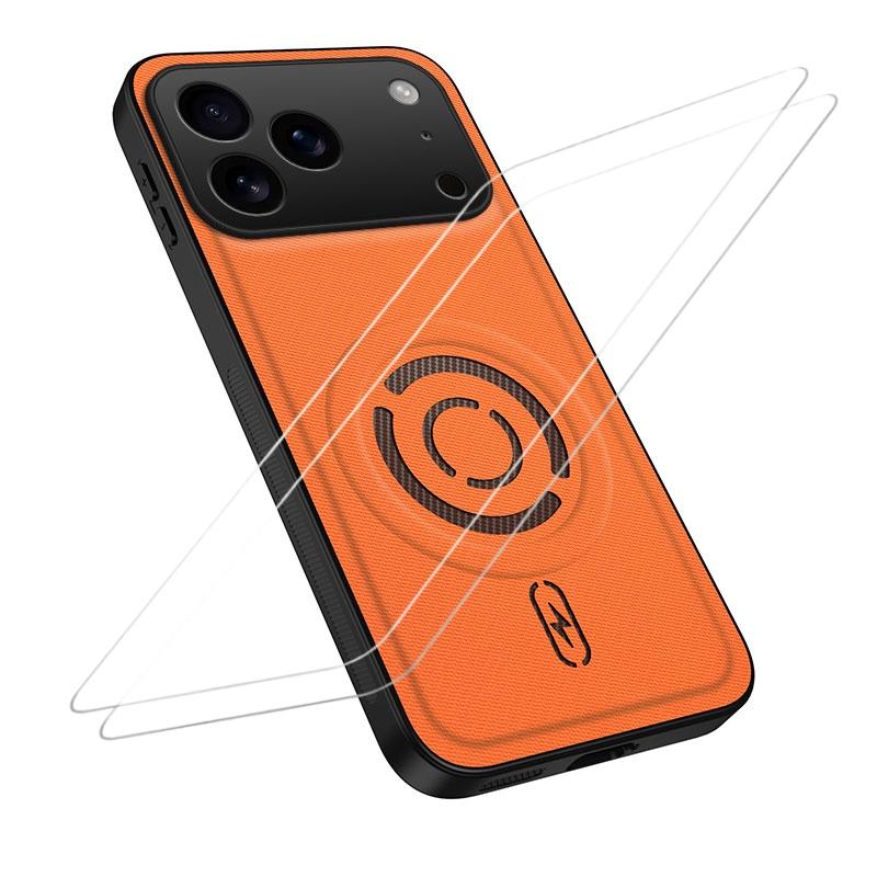 For iPhone 18 Pro Max WANLONFENG Tech Fabric Texture Magnetic Phone Case with 2pcs Screen Films(Orange) - Shopkiz.com