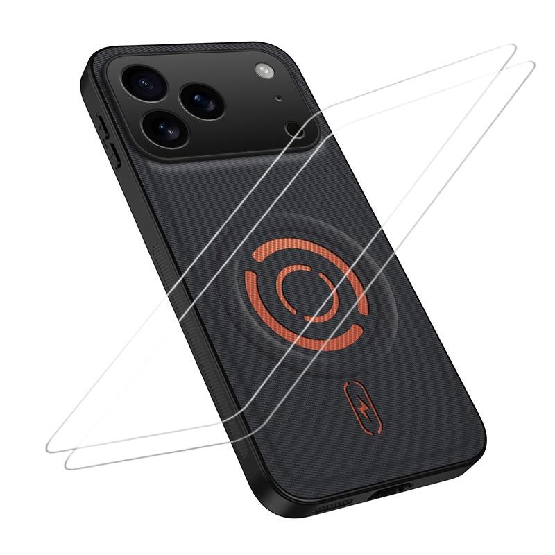 For iPhone 18 Pro WANLONFENG Tech Fabric Texture Magnetic Phone Case with 2pcs Screen Films(Black) - Shopkiz.com