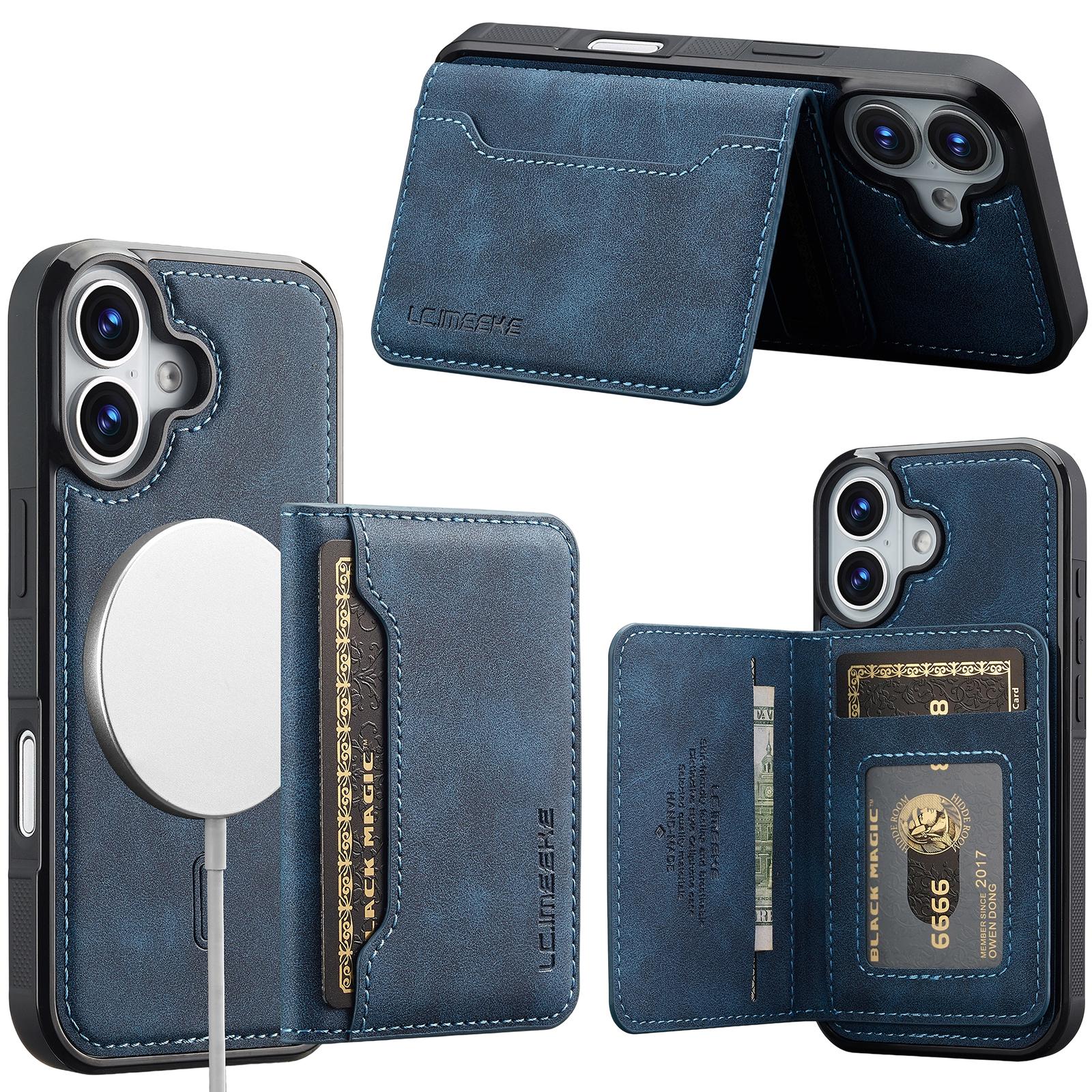 For iPhone 16 Plus LC.IMEEKE L7 Series RFID Card Bag Magnetic Phone Case(Blue) - Shopkiz.com