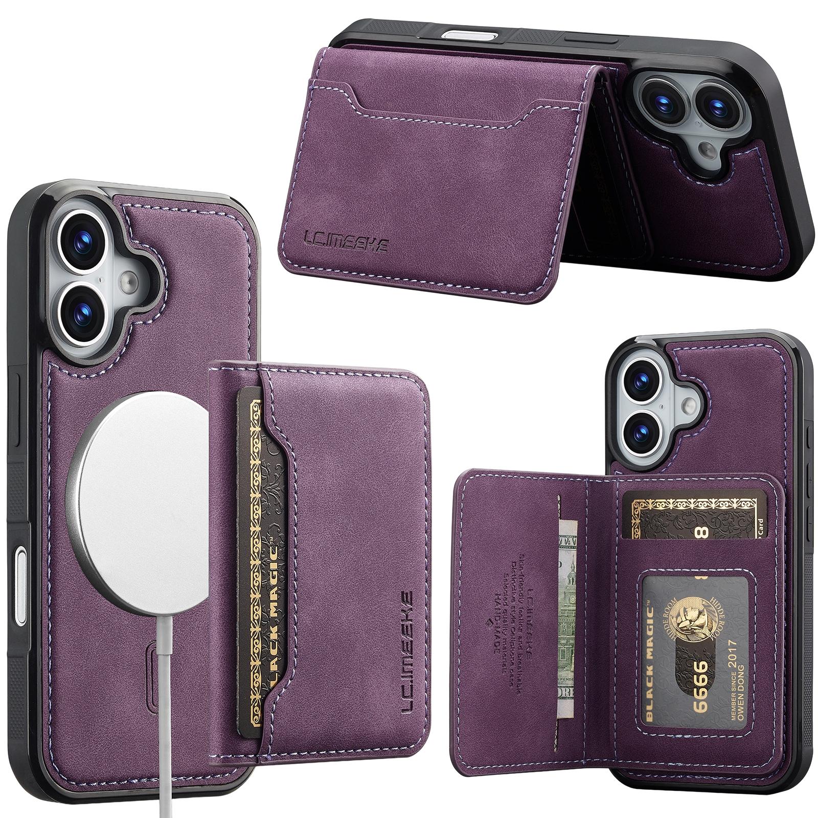 For iPhone 16 Plus LC.IMEEKE L7 Series RFID Card Bag Magnetic Phone Case(Purple) - Shopkiz.com
