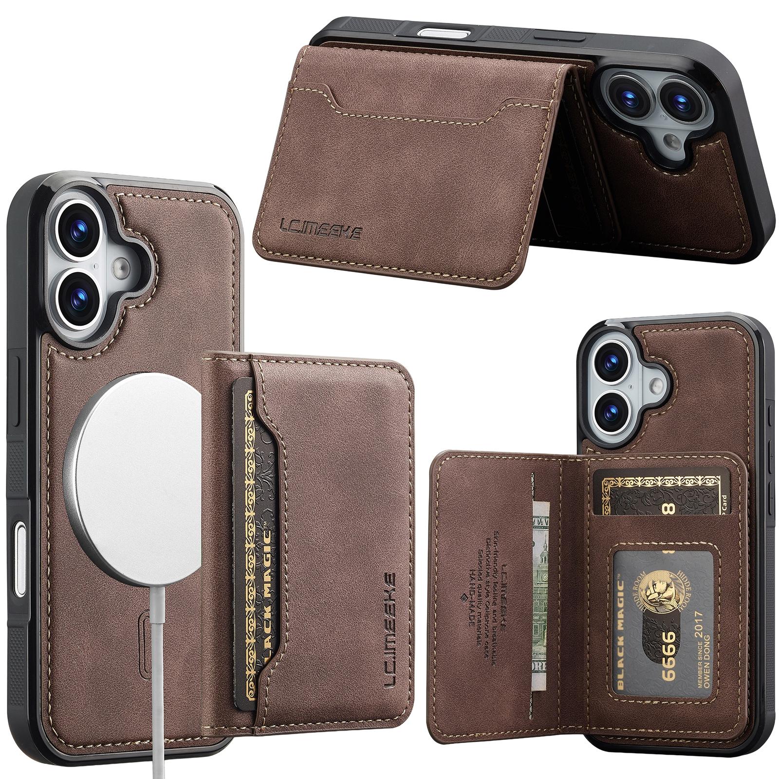 For iPhone 16 LC.IMEEKE L7 Series RFID Card Bag Magnetic Phone Case(Coffee) - Shopkiz.com