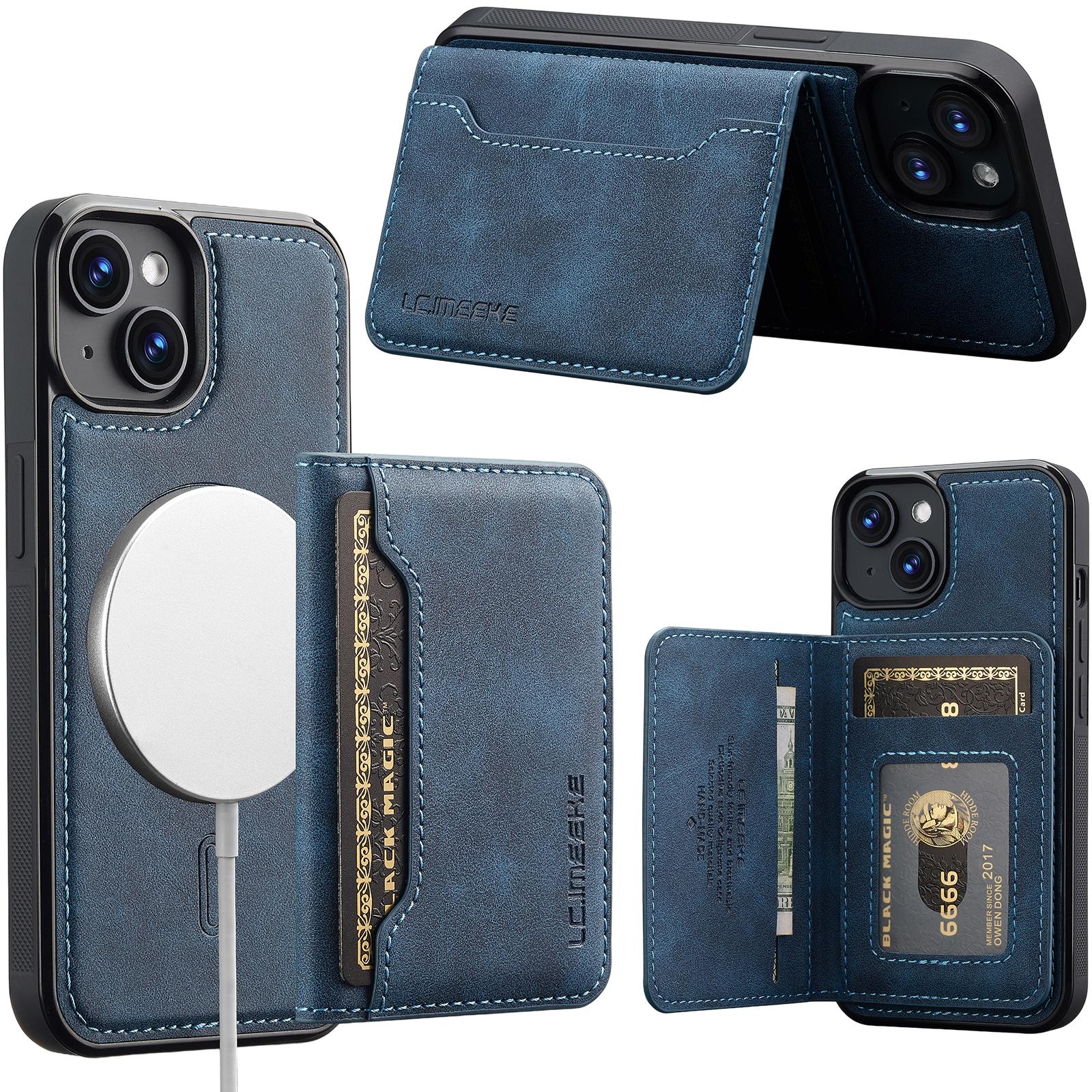 For iPhone 15 Plus / 14 Plus LC.IMEEKE L7 Series RFID Card Bag Magnetic Phone Case(Blue) - Shopkiz.com