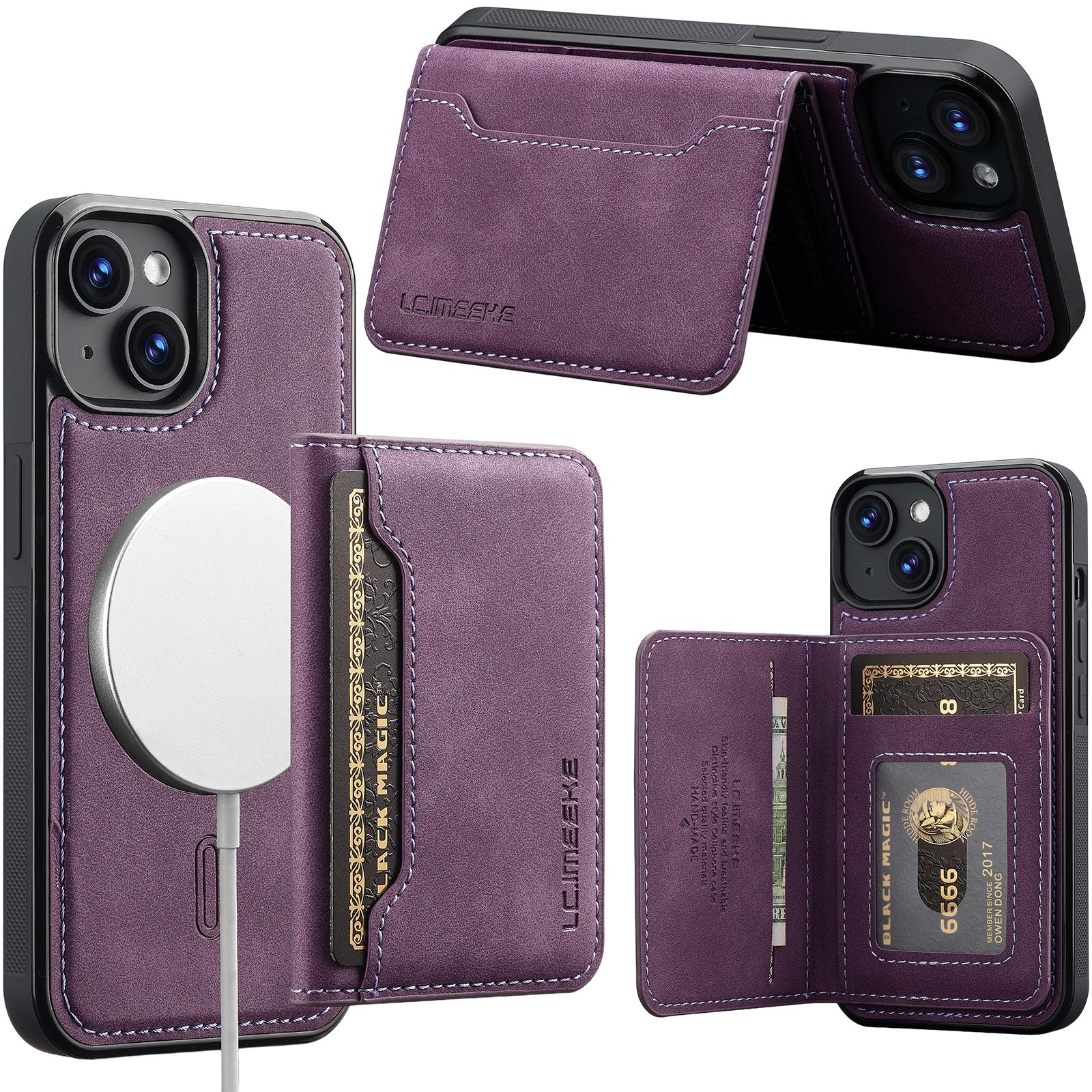 For iPhone 15 LC.IMEEKE L7 Series RFID Card Bag Magnetic Phone Case(Purple) - Shopkiz.com