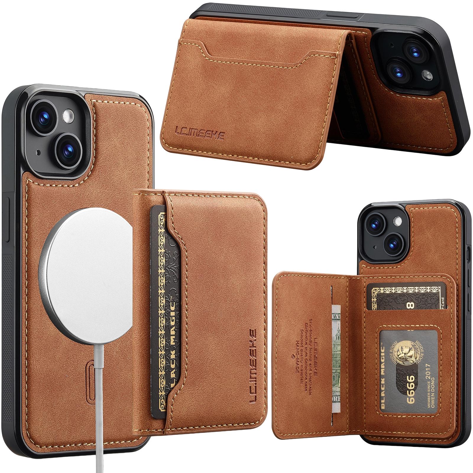 For iPhone 14 / 13 LC.IMEEKE L7 Series RFID Card Bag Magnetic Phone Case(Brown) - Shopkiz.com