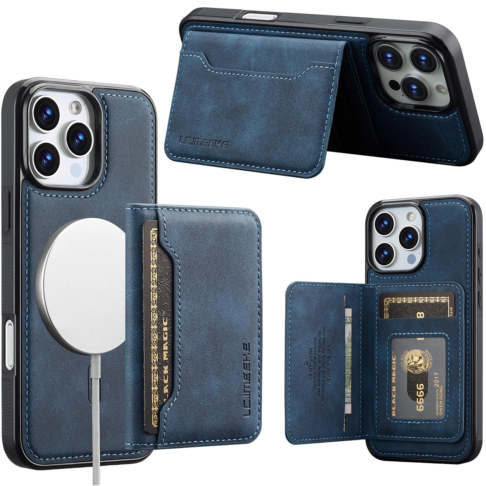 For iPhone 14 Pro Max LC.IMEEKE L7 Series RFID Card Bag Magnetic Phone Case(Blue) - Shopkiz.com