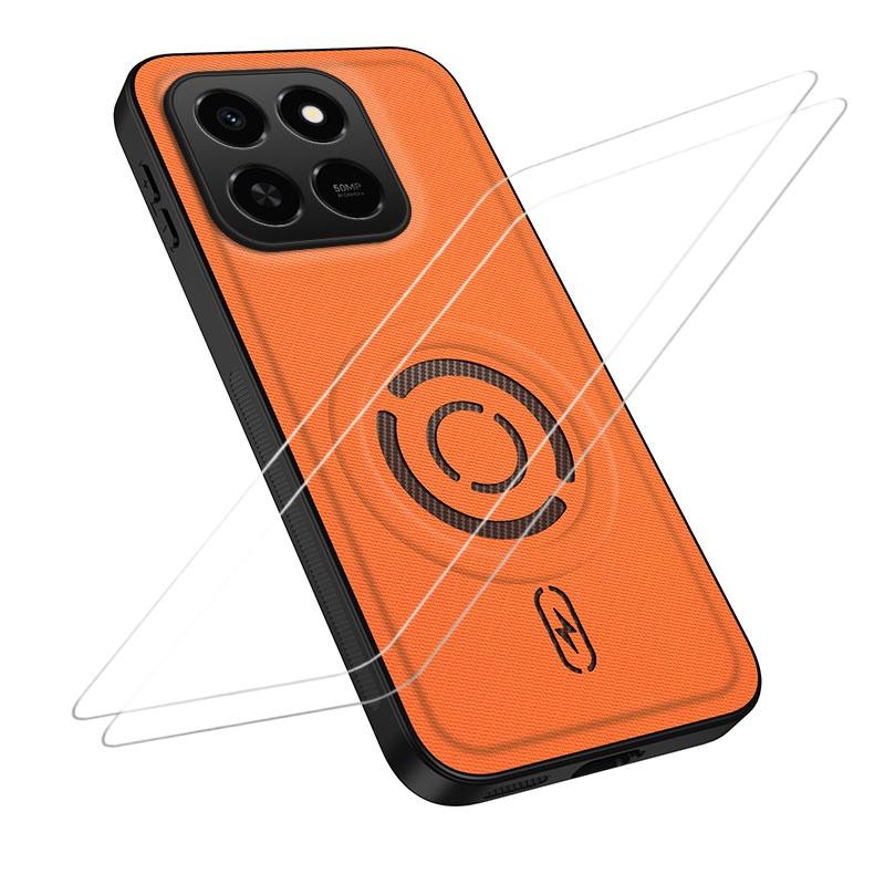For Honor 400 Smart 5G / X7d 4G WANLONFENG Tech Fabric Texture Magnetic Phone Case with 2pcs Screen Films(Orange) - Shopkiz.com