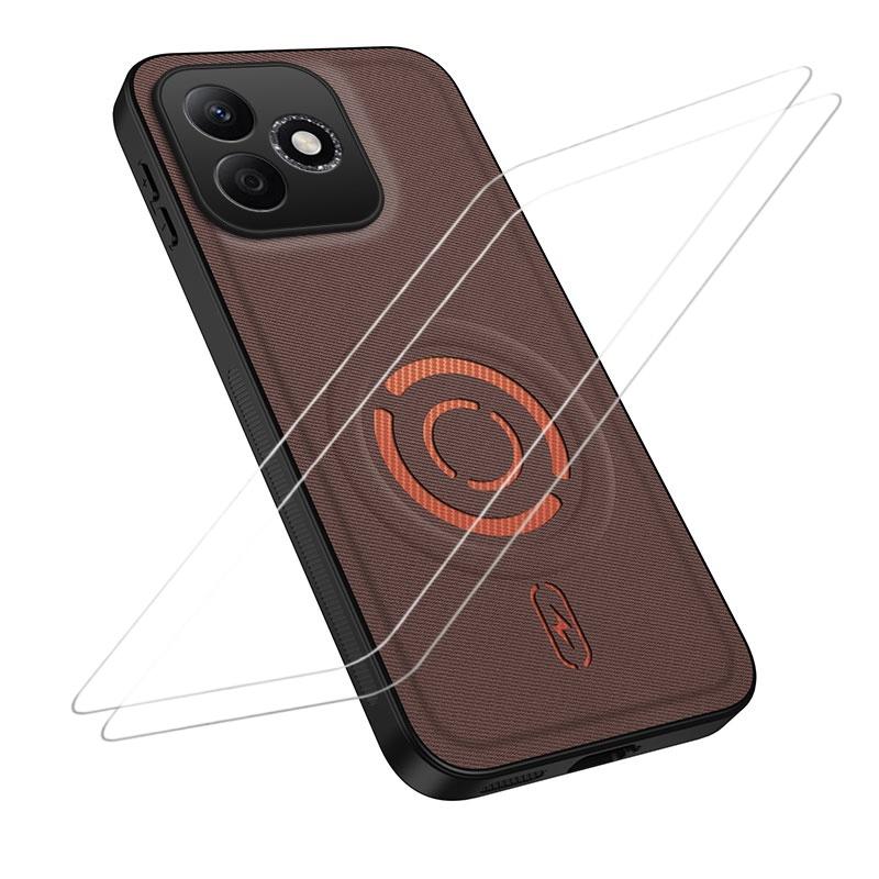 For Honor 600 Lite Global WANLONFENG Tech Fabric Texture Magnetic Phone Case with 2pcs Screen Films(Coffee) - Shopkiz.com