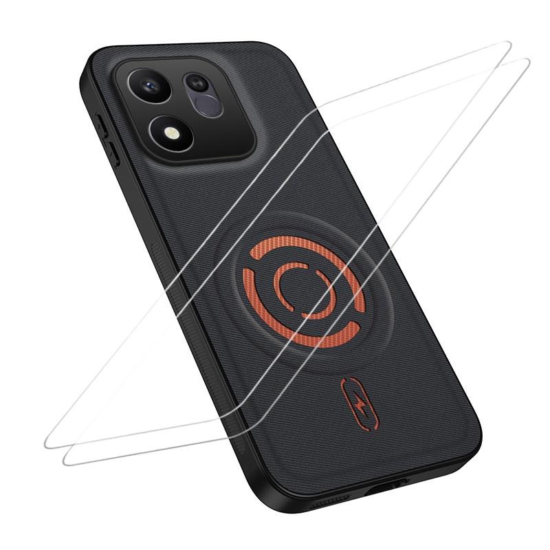 For Honor 600 Smart 5G WANLONFENG Tech Fabric Texture Magnetic Phone Case with 2pcs Screen Films(Black) - Shopkiz.com