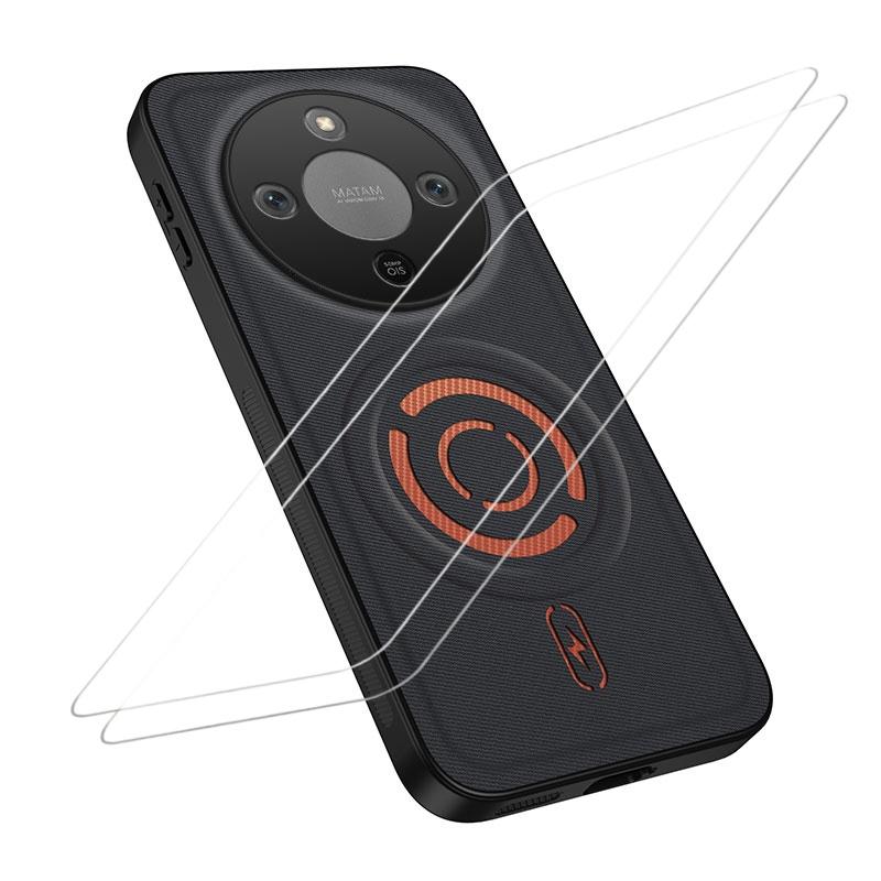For Honor Magic8 Lite / X9d 5G WANLONFENG Tech Fabric Texture Magnetic Phone Case with 2pcs Screen Films(Black) - Shopkiz.com