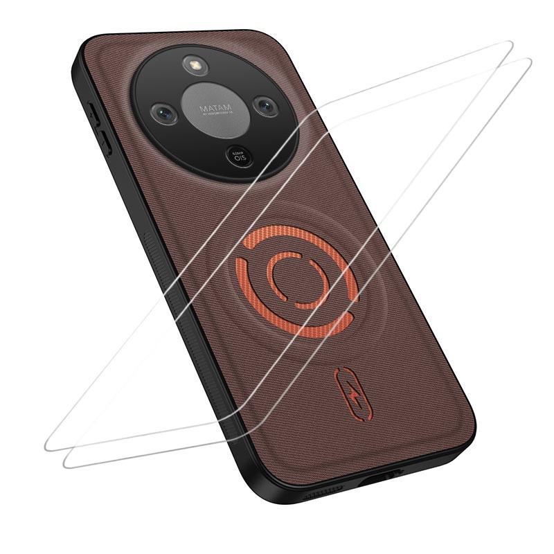 For Honor Magic8 Lite / X9d 5G WANLONFENG Tech Fabric Texture Magnetic Phone Case with 2pcs Screen Films(Coffee) - Shopkiz.com